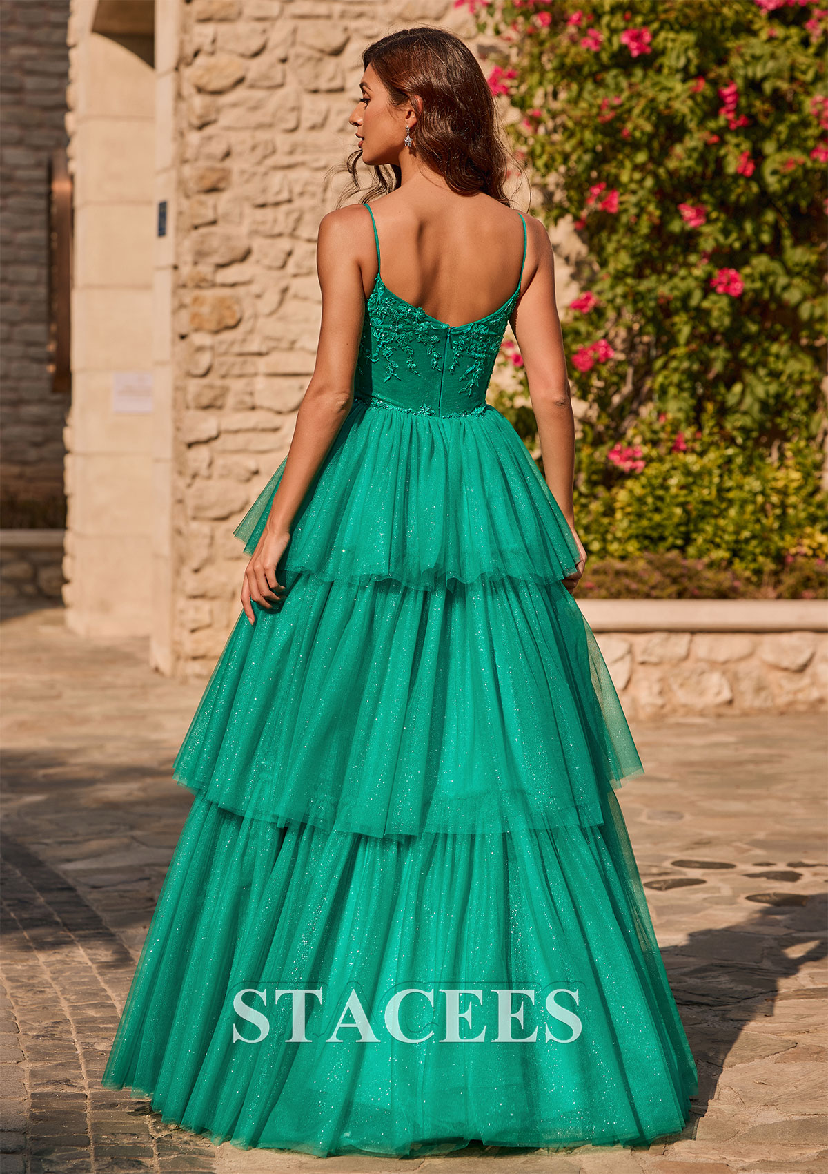 Hunter Green A-line Tiered Ruffle Sequin-Embroidery Corset Glitter Prom Dress - STACEES