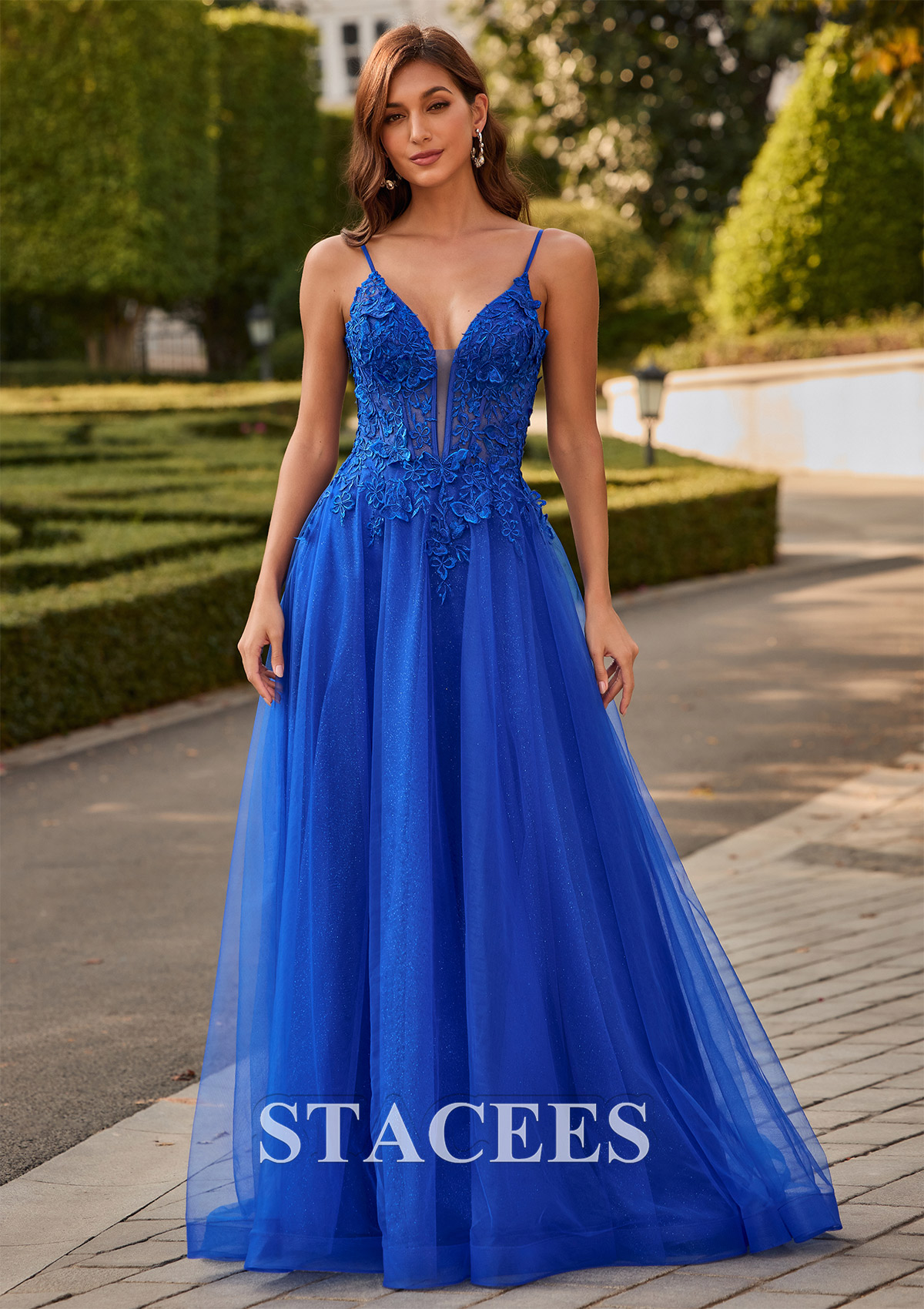 Ocean Blue A-line V Neck Glitter Tulle Prom Dress with Butterfly Applique - STACEES