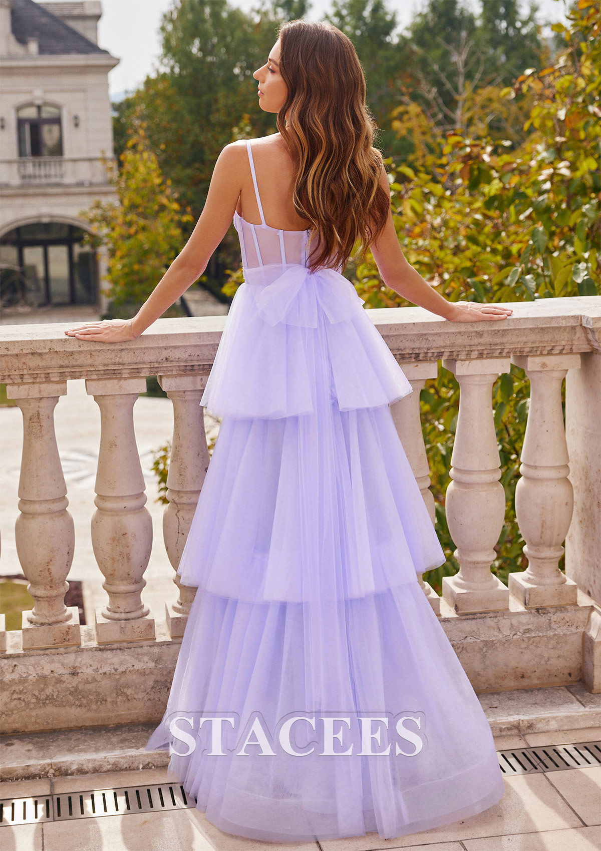 Lilac A-line Princess Sweetheart Floor-Length Tulle Prom Dress with Ruffles Bowknot - STACEES