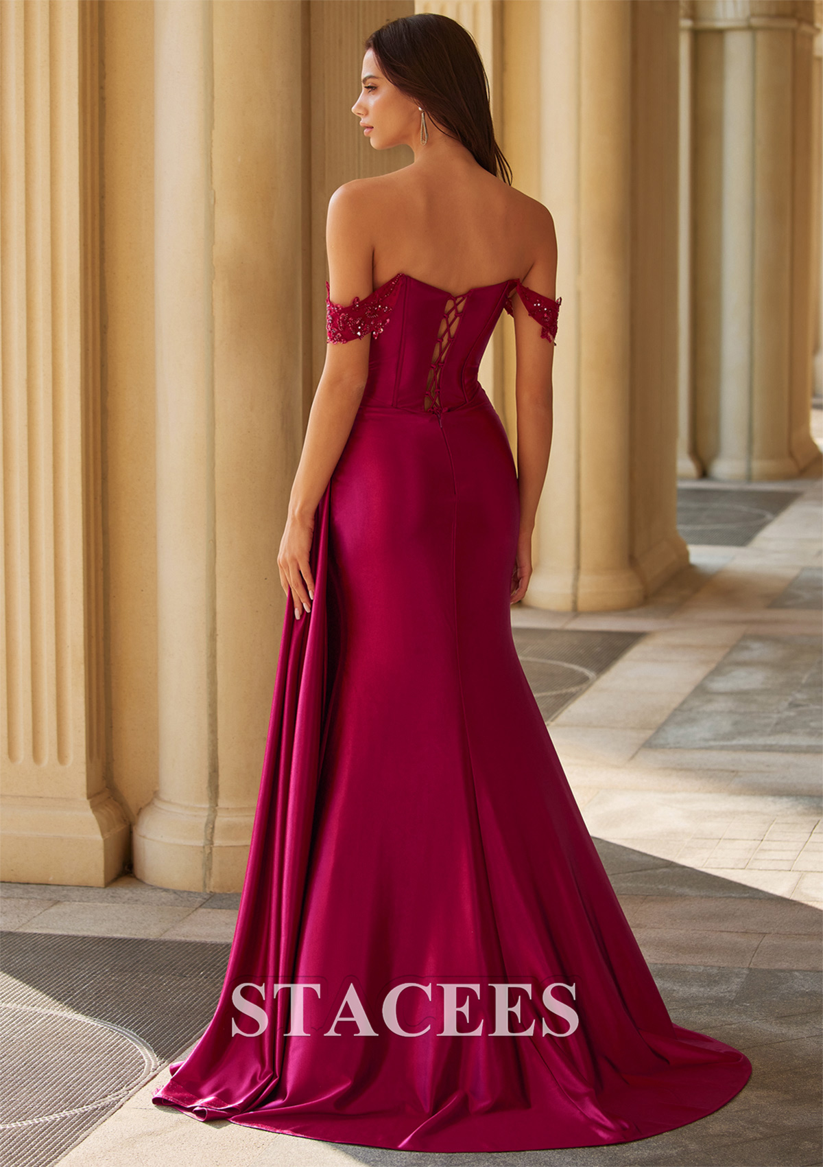 Burgundy Fitted Embroidery Off-the-Shoulder Corset Slit Prom Dress with Side Draping - STACEES