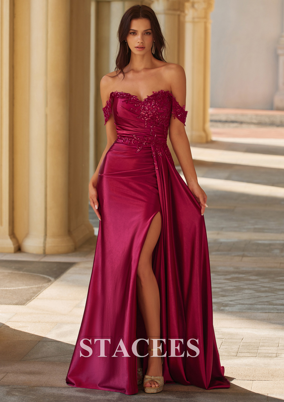 Burgundy Fitted Embroidery Off-the-Shoulder Corset Slit Prom Dress with Side Draping - STACEES