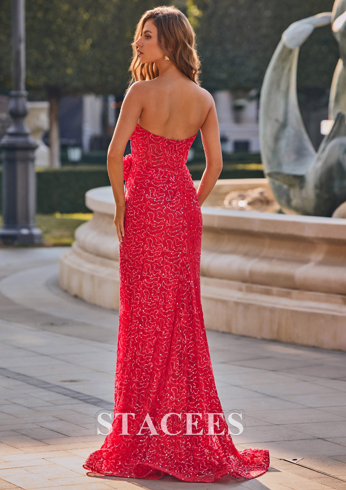 Red Sheath/Column Sweetheart Lace Sweep Train Prom Dress with Flowers Pleated Sequins Split - STACEES