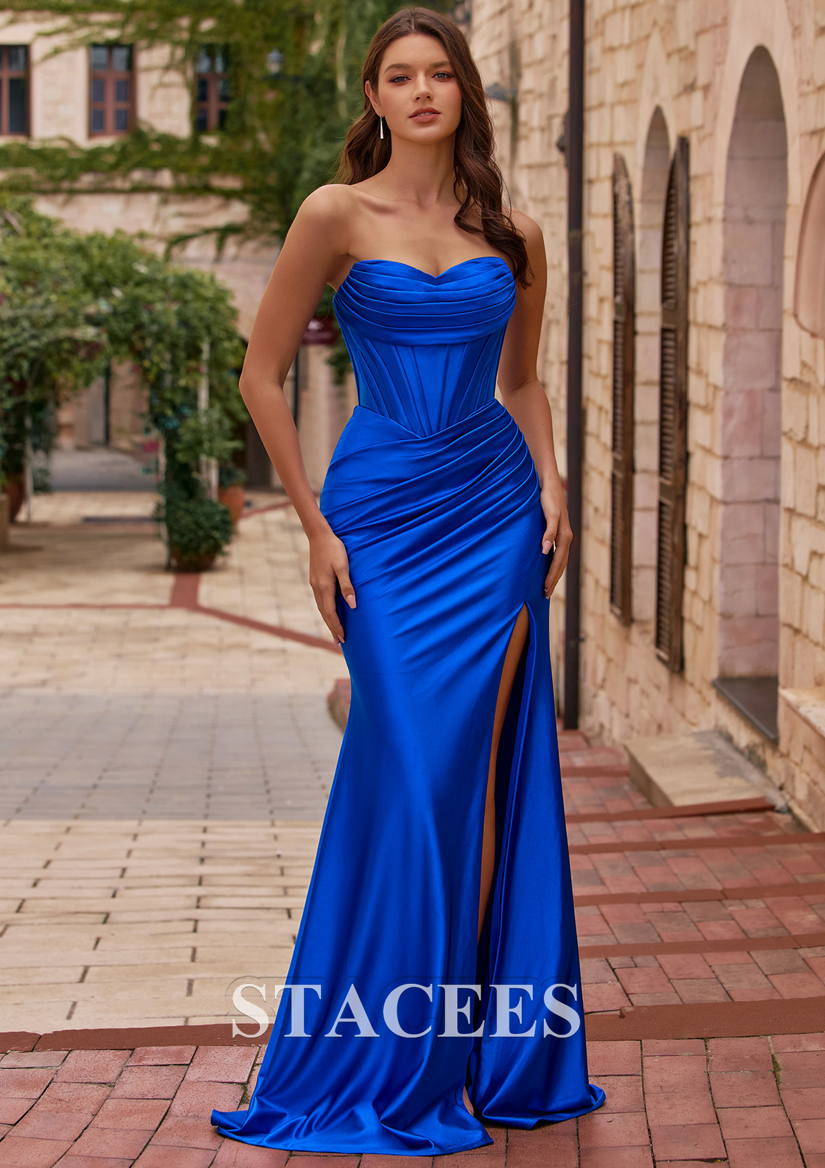 Ocean Blue Sheath Sweetheart Strapless Prom Dress with Corset Bodice and Thigh-High Slit - STACEES