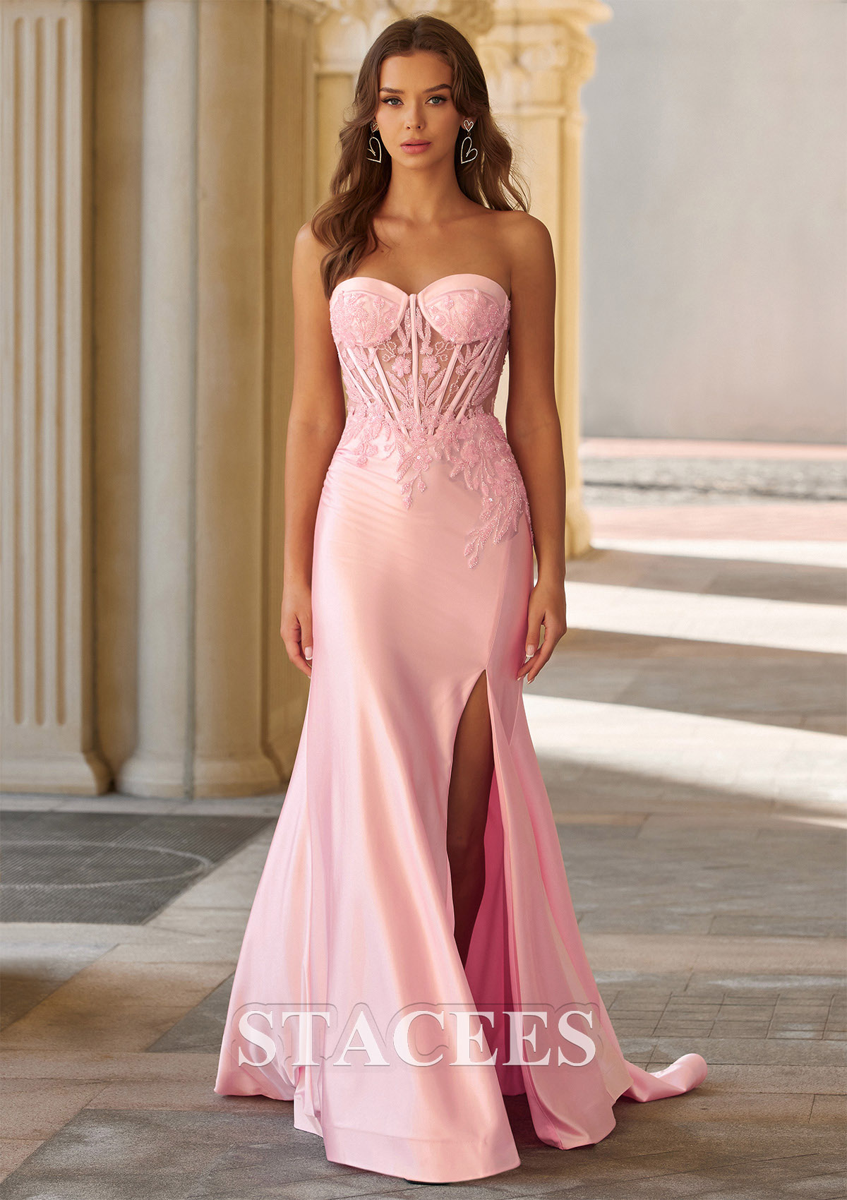 Blushing Pink Strapless Beaded Applique Corset Mermaid Prom Dress with Slit - STACEES