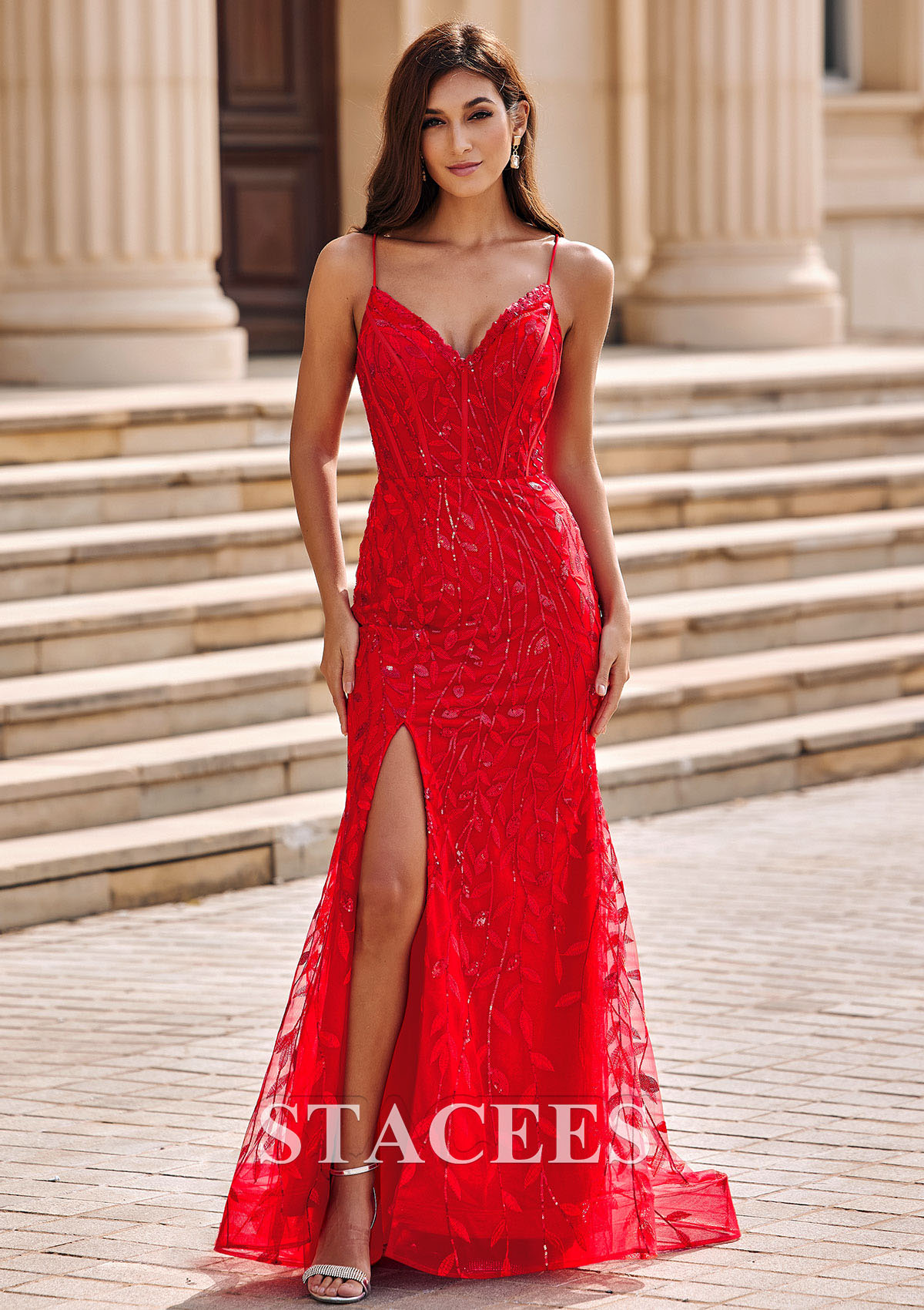 Red Sheath V Neck Tulle Sweep Train Leaf Sequins Slit Prom Dress - STACEES
