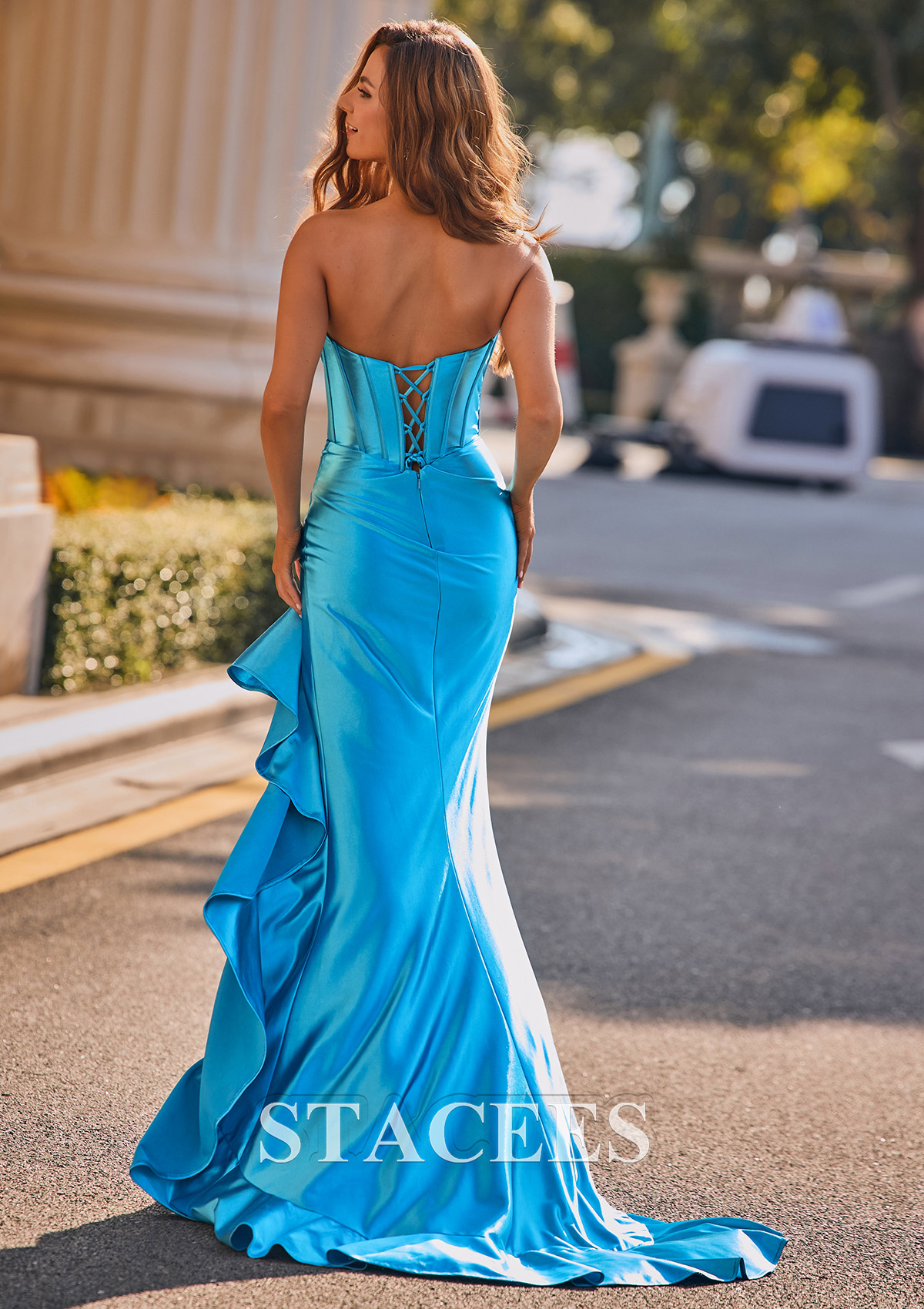 Azul Corte trompeta/sirena escote drapeado seda como el satén cola de barrido vestido de graduación - STACEES