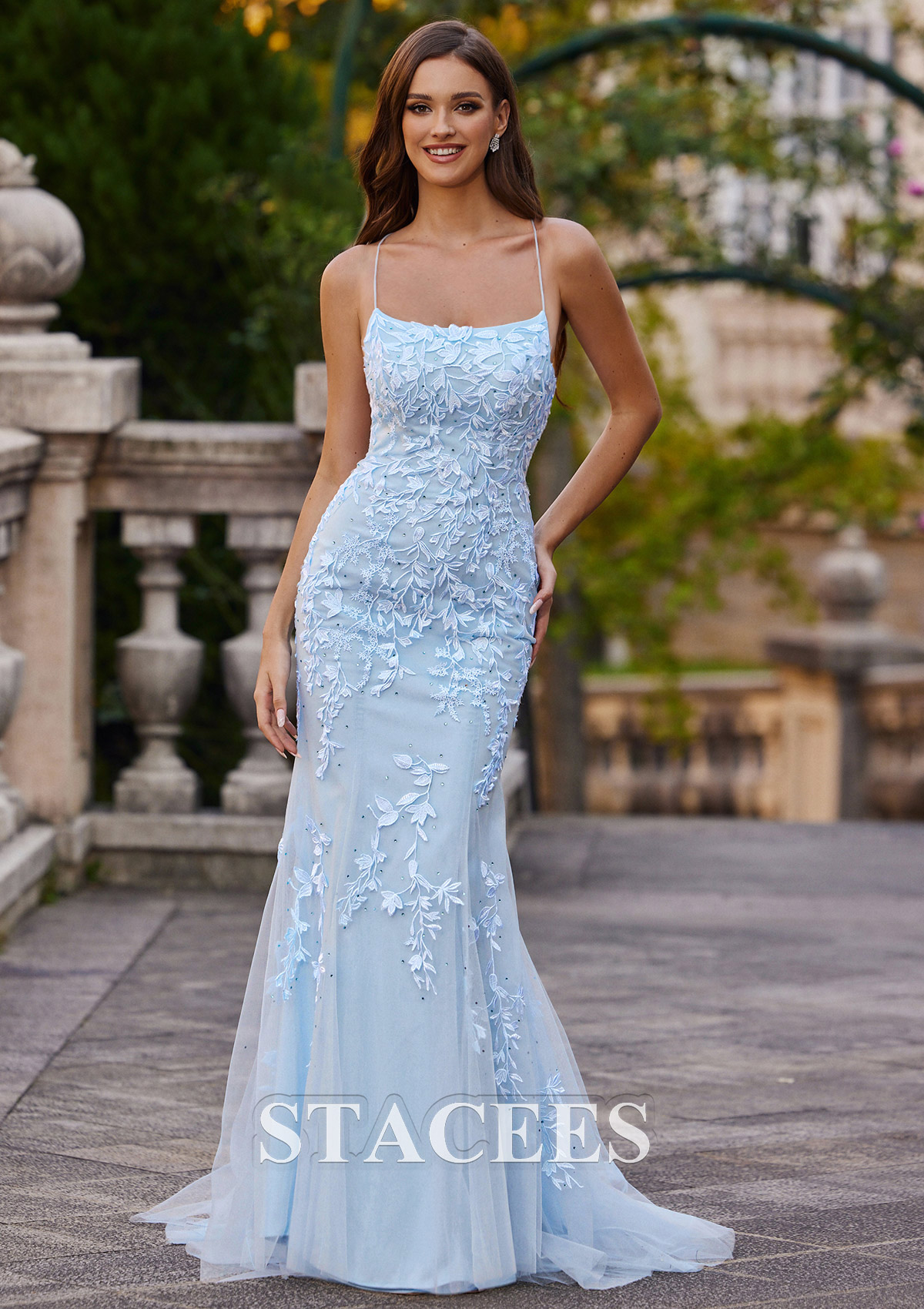 Sky Blue Trumpet/Mermaid Square Neckline Sweep Train Tulle Prom Dress with Beading Lace - STACEES