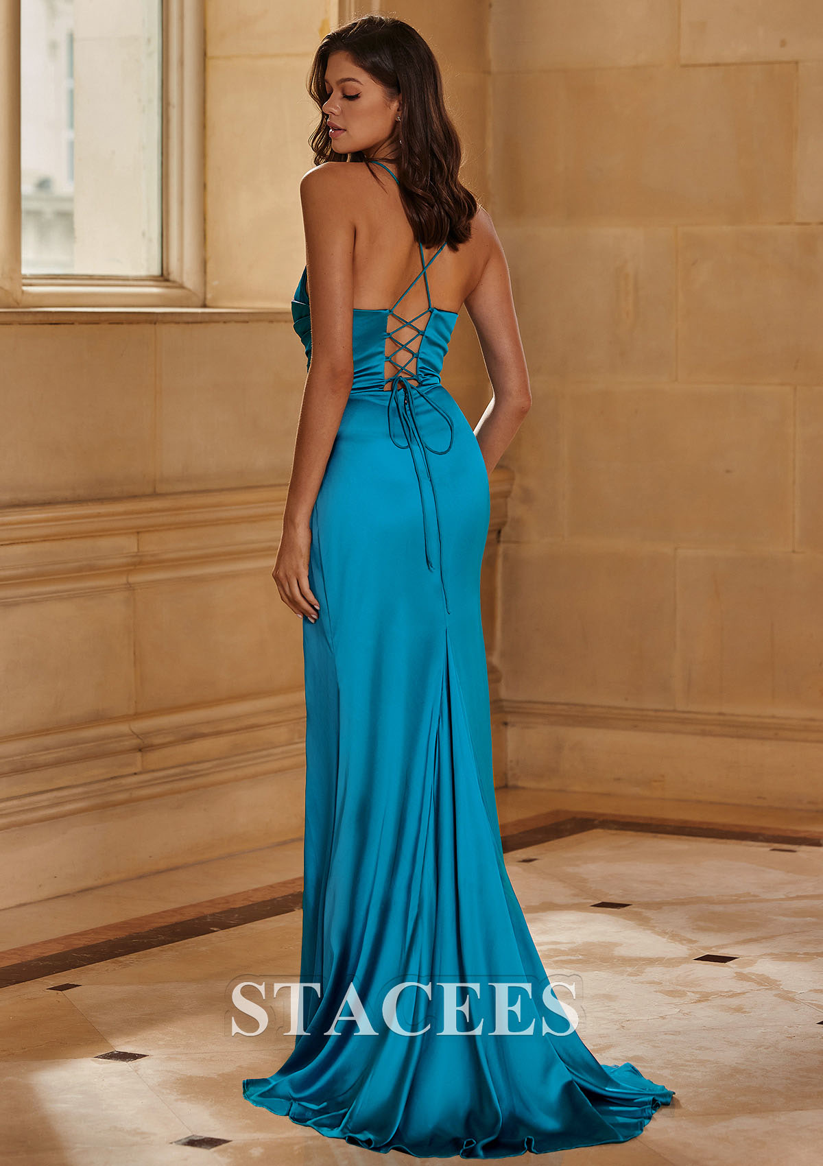French Blue Mermaid Pleated Bodice Spaghetti Straps Slit Prom Dress - STACEES