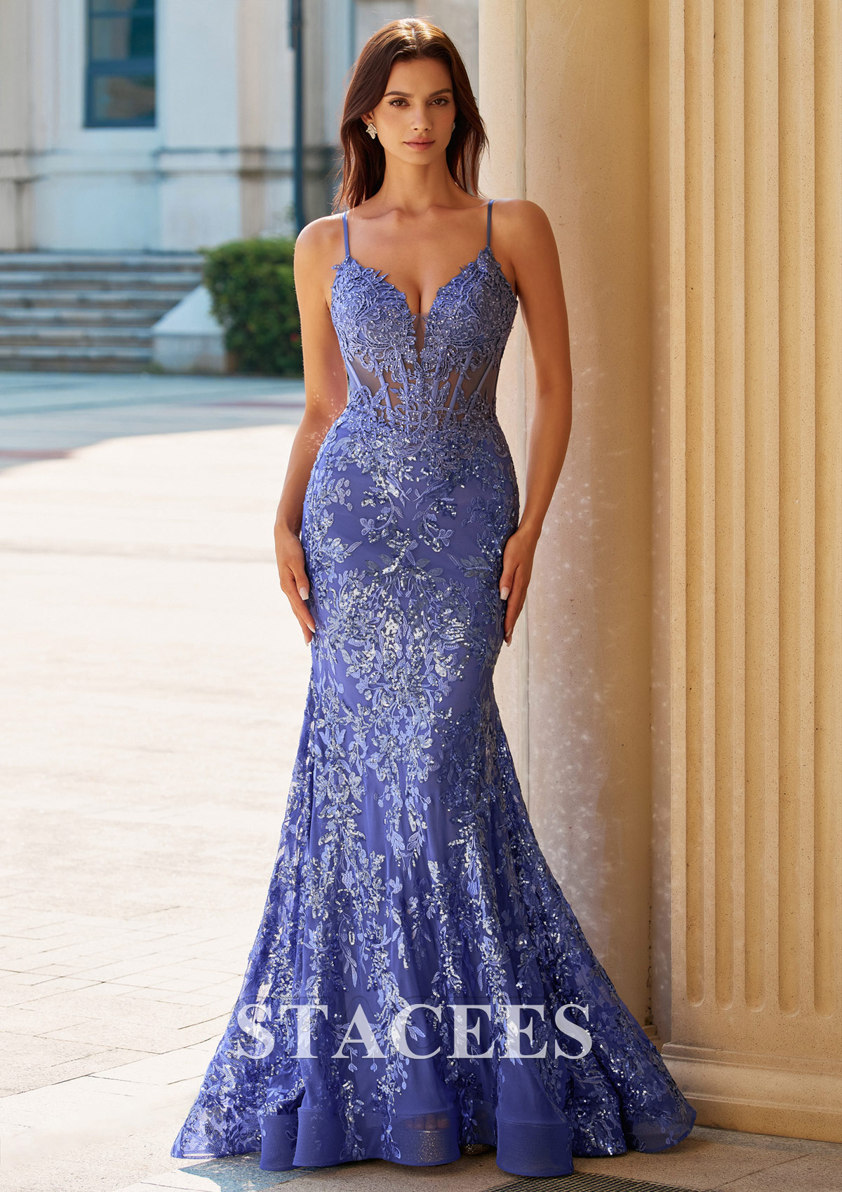 As Picture Sparkly Sequin Lace Mermaid Prom Dress with Plunging V Neck Illusion Corset - STACEES