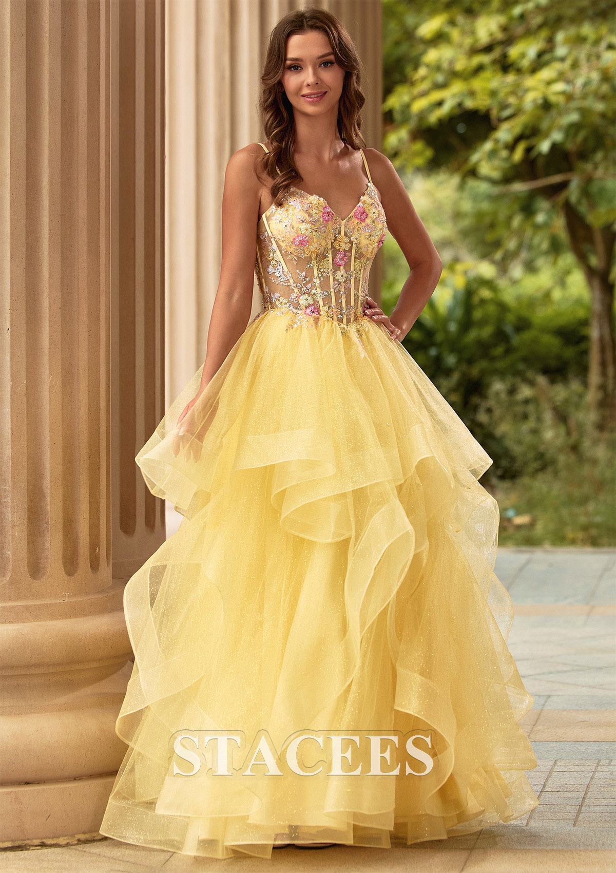 Jaune Trapèze col en v tulle longueur ras du sol robe de bal avec appliqué perles volants - STACEES