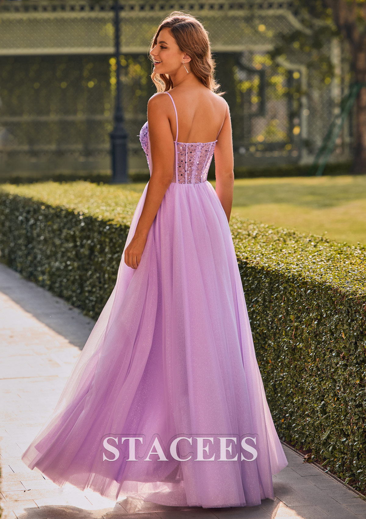 Lilac Vestido línea a escote drapeado tul hasta el suelo vestido de graduación - STACEES
