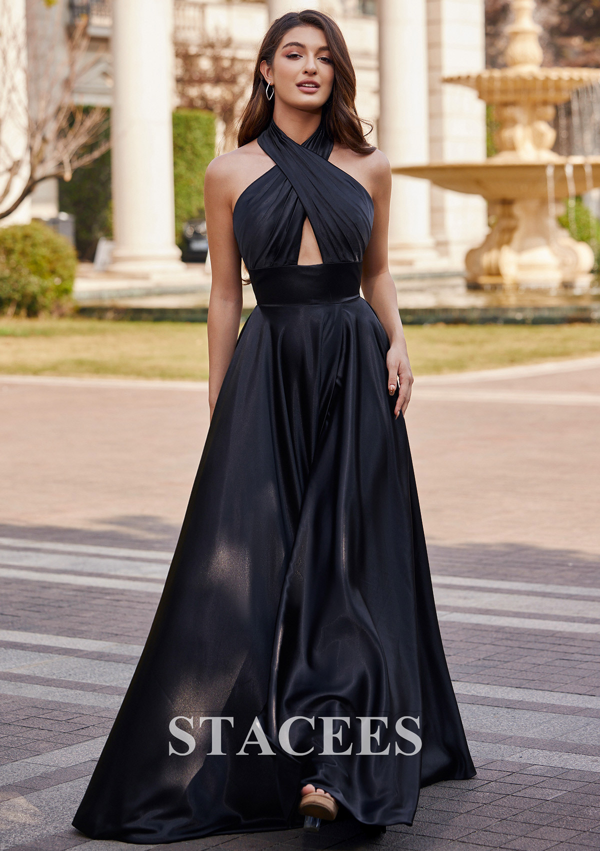 Black A-line Halter Floor-Length Charmeuse Prom Dress with Split - STACEES
