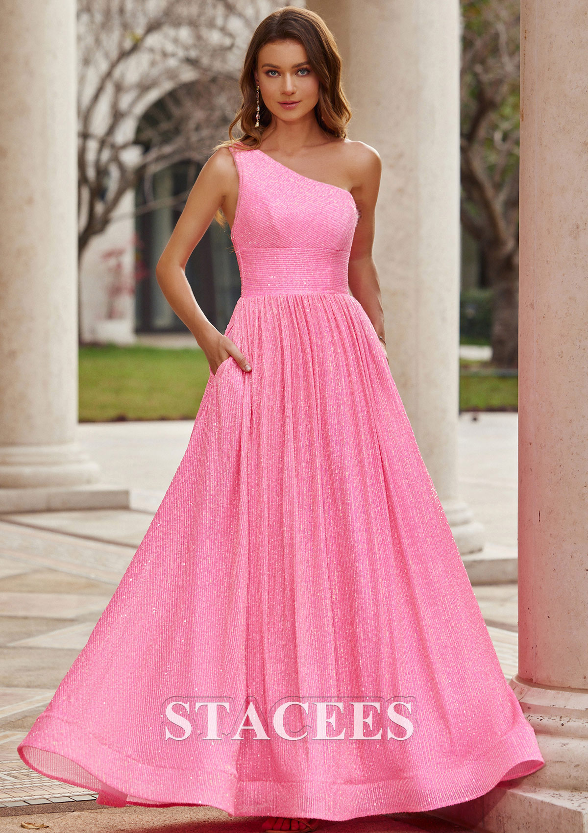 Hot Pink Vestido línea a un hombre lentejuelas hasta el suelo vestido de graduación - STACEES