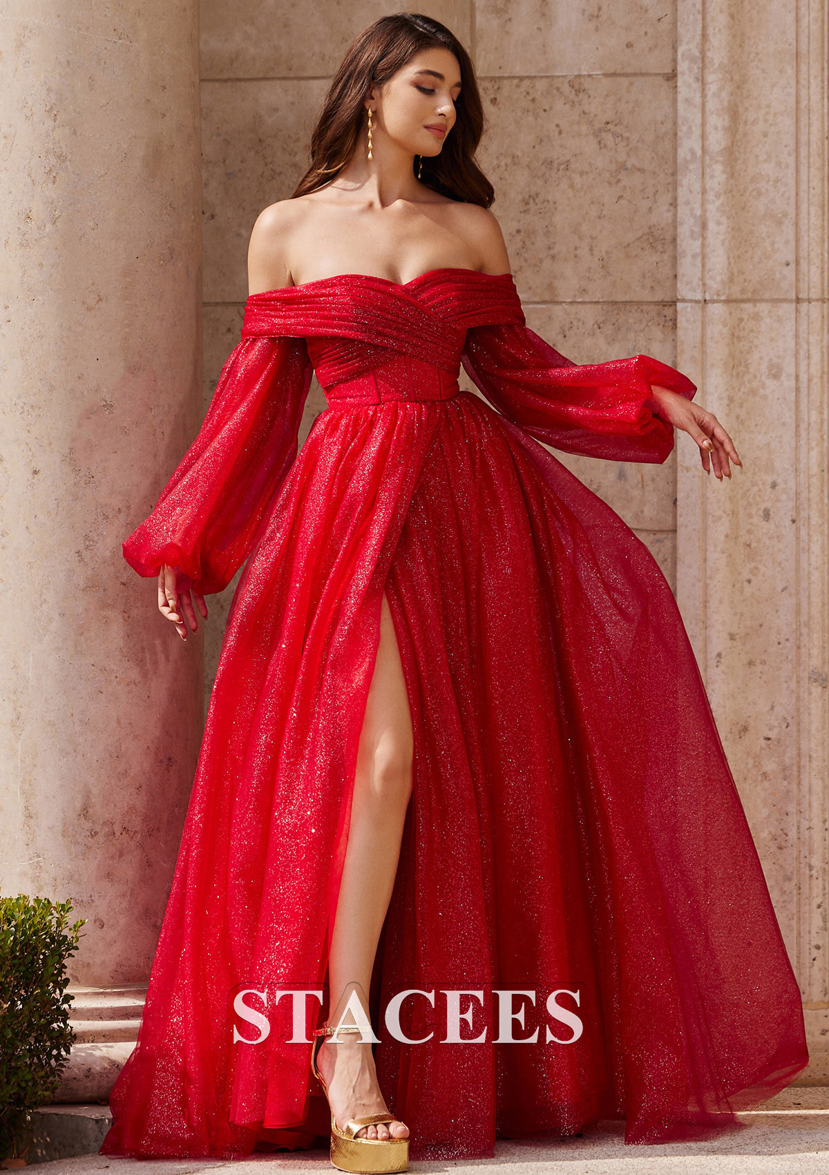 Rouge Robe trapèze princesse épaule dénudée tulle traîne balayage robe de bal - STACEES