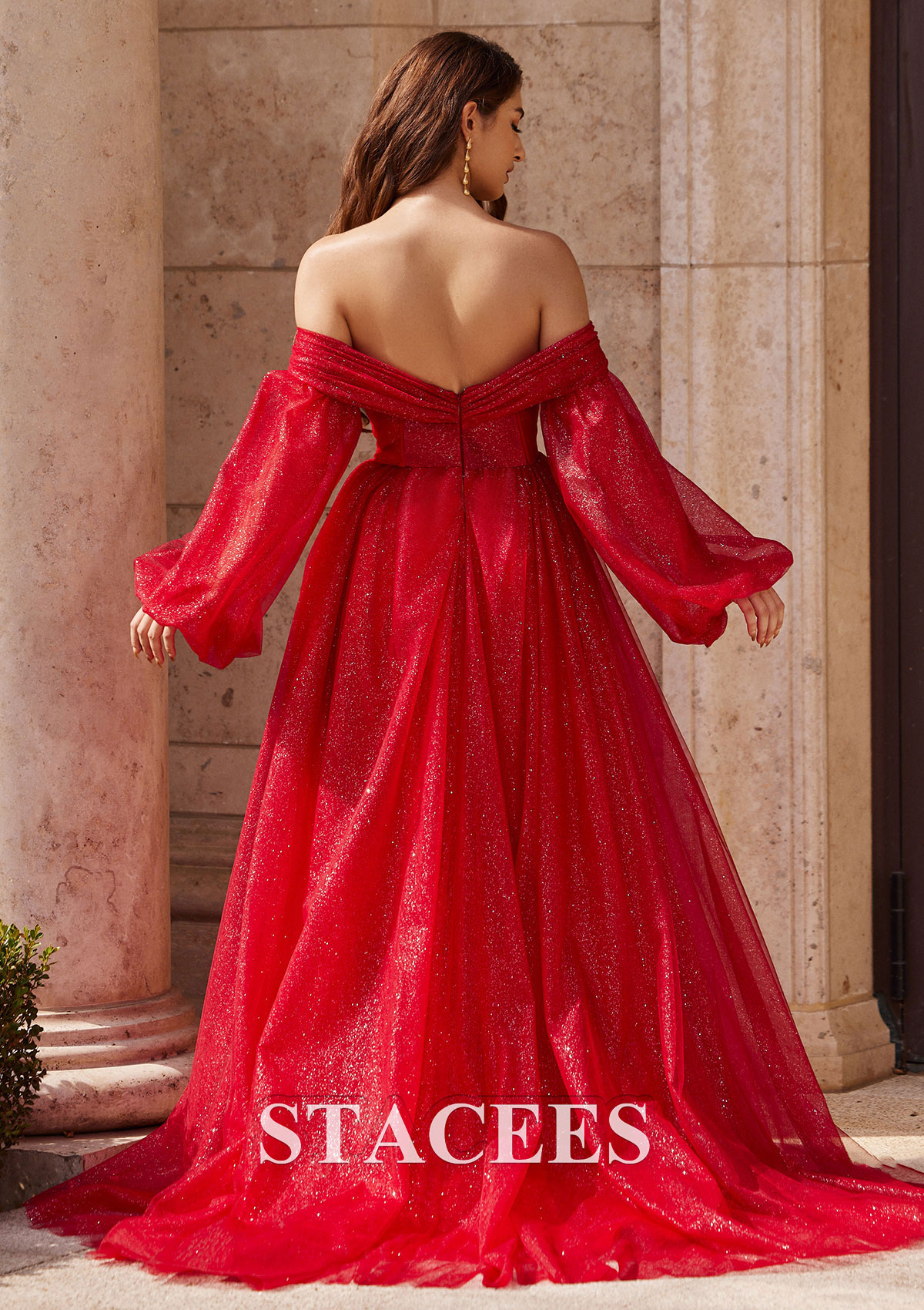 Rouge Robe trapèze princesse épaule dénudée tulle traîne balayage robe de bal - STACEES