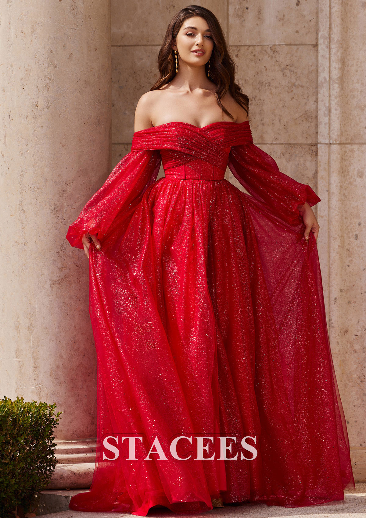 Rouge Robe trapèze princesse épaule dénudée tulle traîne balayage robe de bal - STACEES
