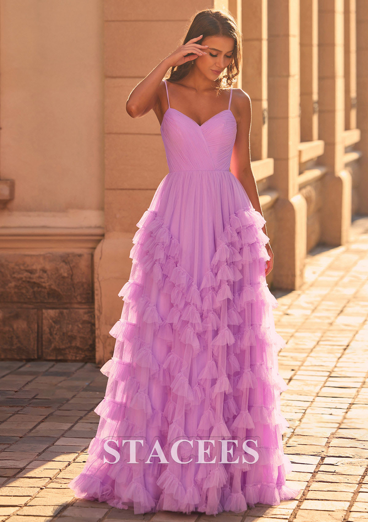 As Picture A-line Pleated V Nect Ruffled Tulle Sweep Train Prom Dress - STACEES