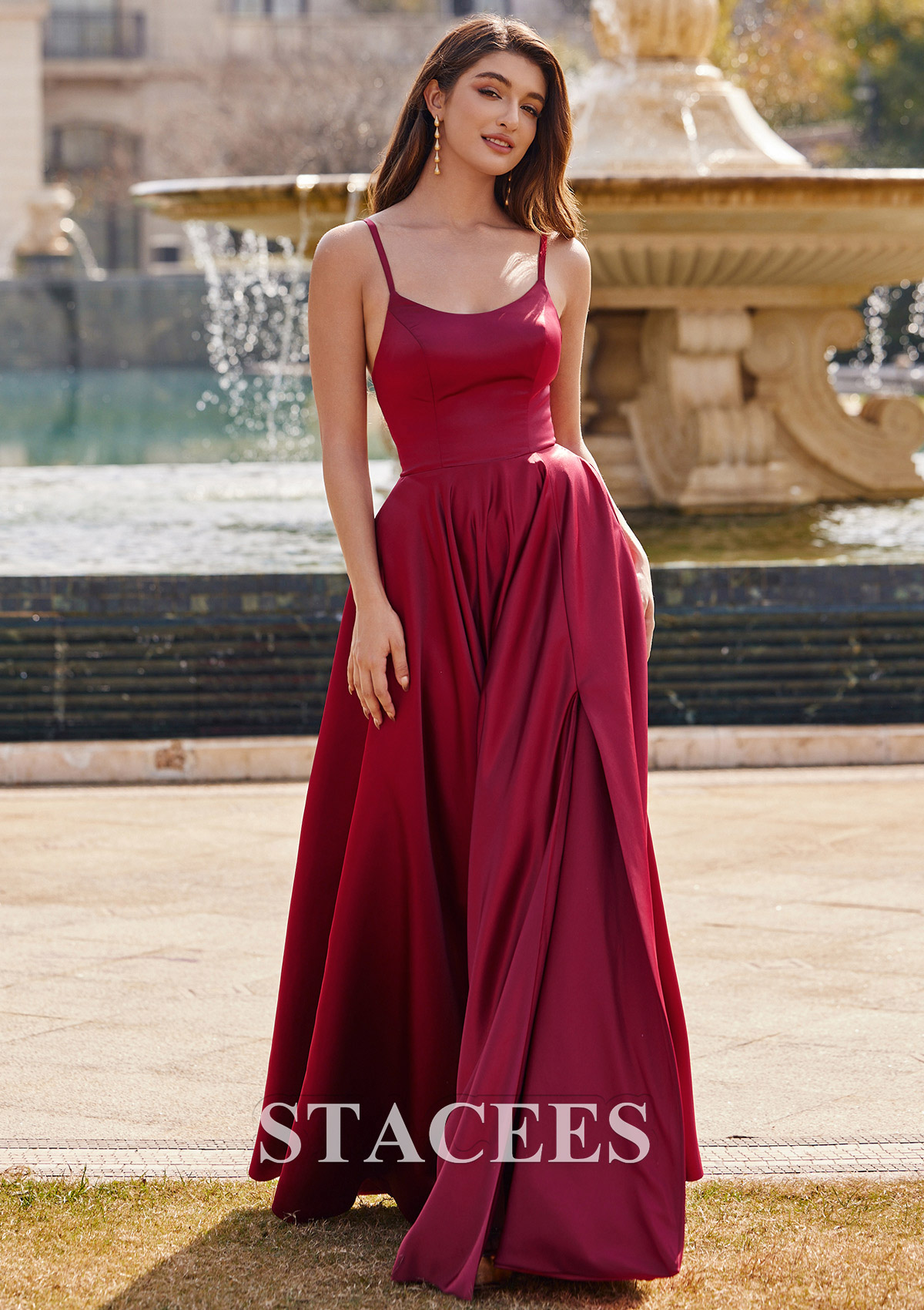 Bordeaux Robe trapèze scoop satin ras du sol robe de bal - STACEES
