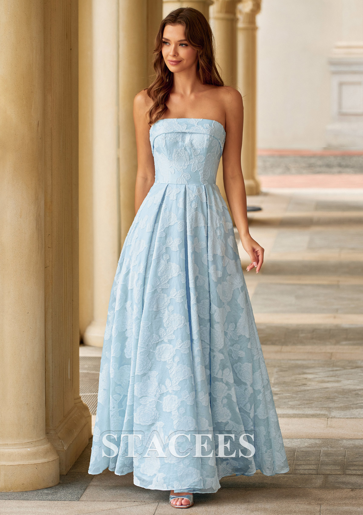Bleu Clair Trapèze scoop jacquard longueur ras du sol robe de bal avec plissé poches - STACEES