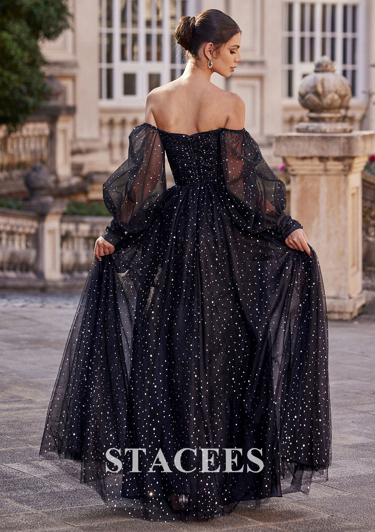 Noir Robe trapèze carrée tulle ras du sol robe de bal - STACEES