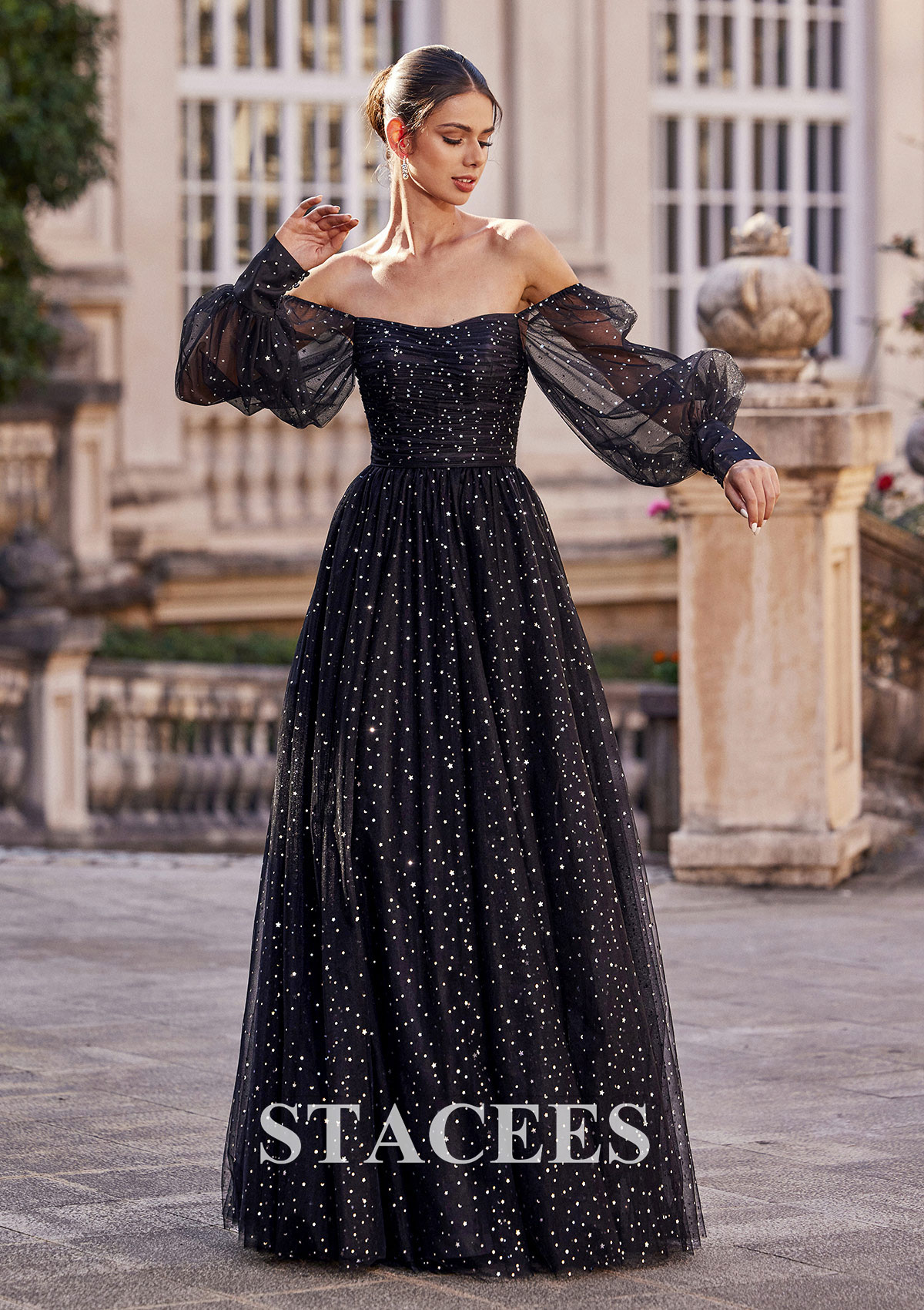Noir Robe trapèze carrée tulle ras du sol robe de bal - STACEES