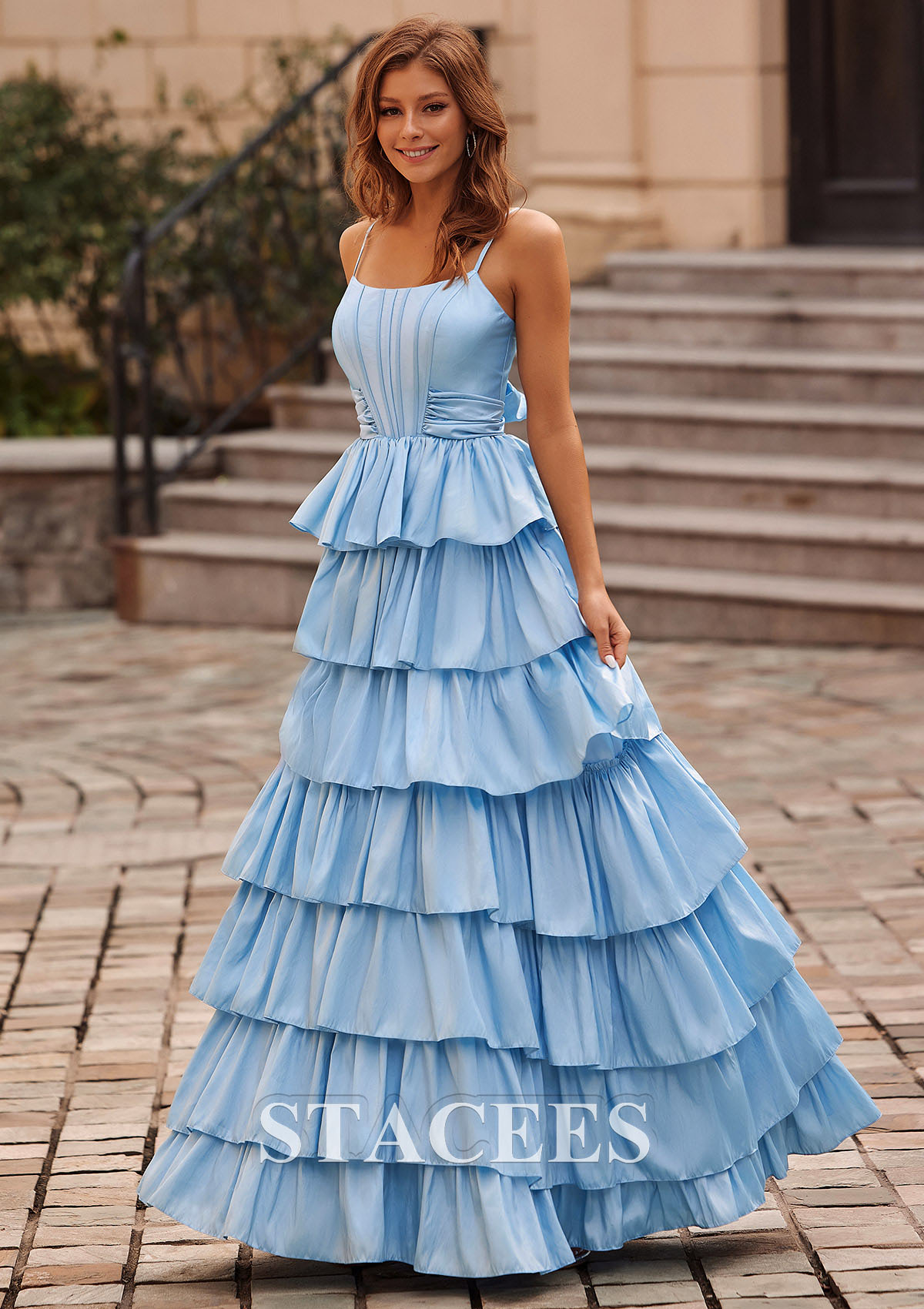Sky Blue Vestido línea a cuello cuadrado tafetán hasta el suelo vestido de graduación - STACEES