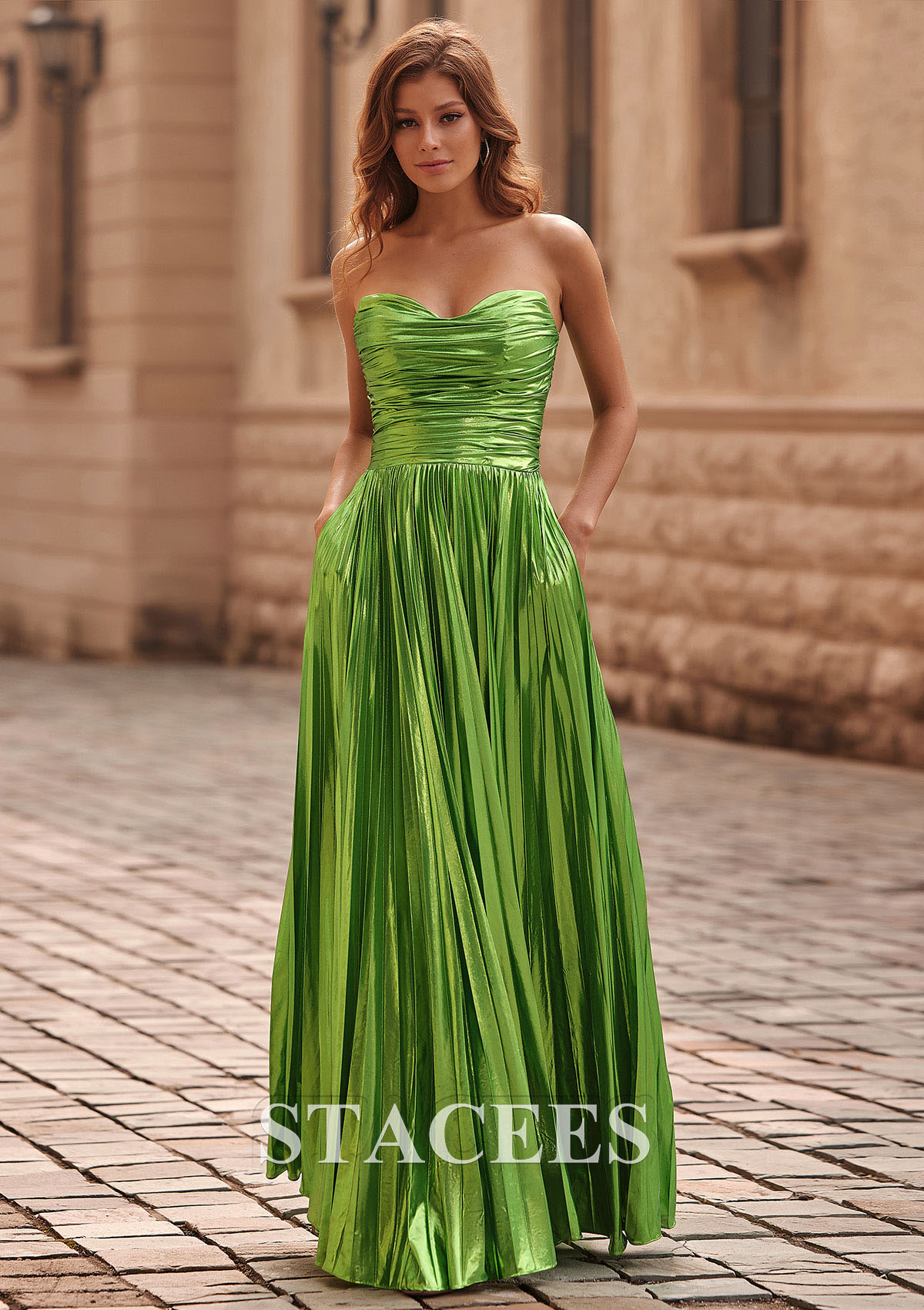 Lime Green A-line Sweetheart Metallic Floor-Length Prom Dress with Pleated Pockets Split - STACEES