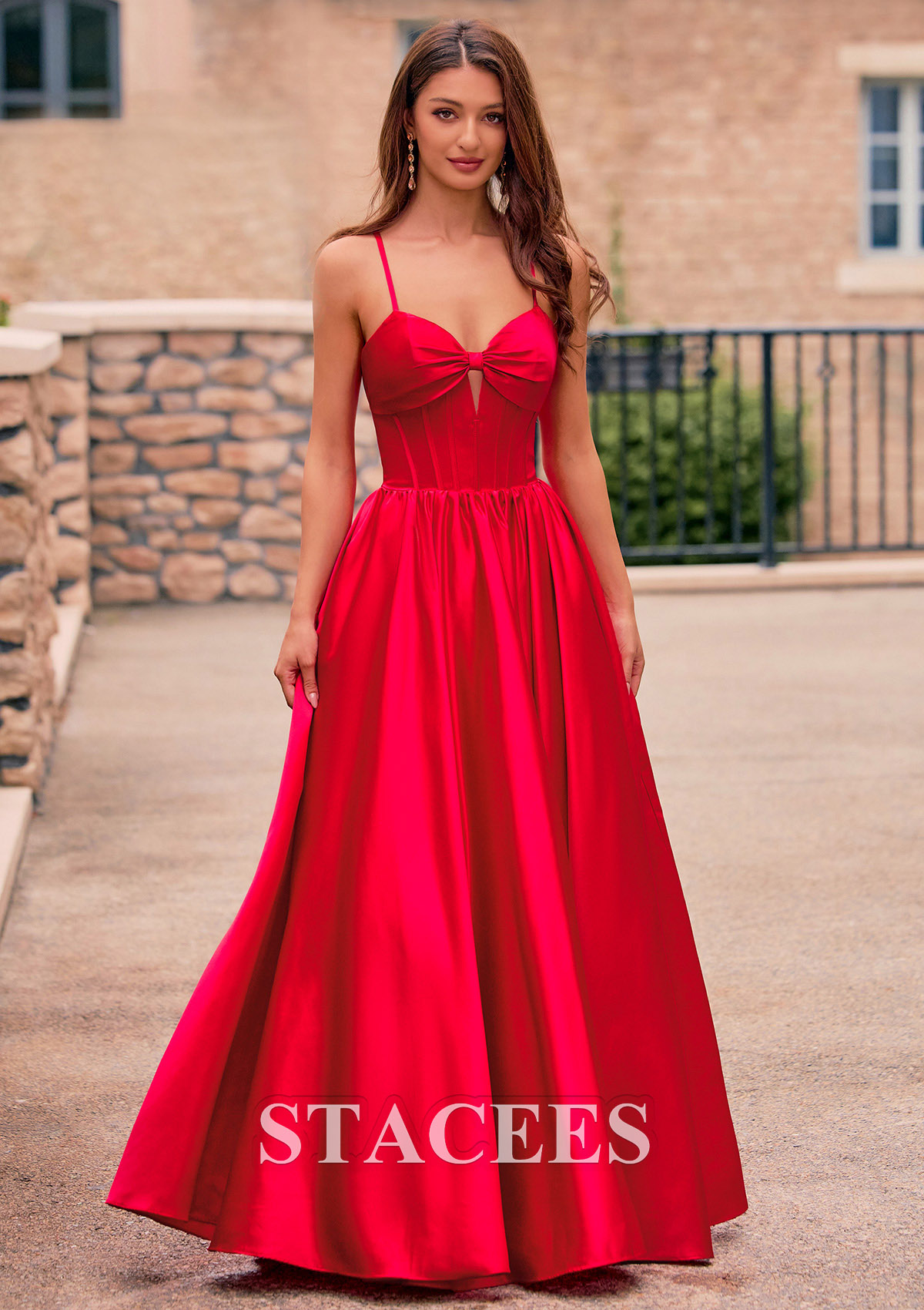 Red A-line Bow Corset Satin Floor-Length Ruched Prom Dress with Lace-Up Back - STACEES