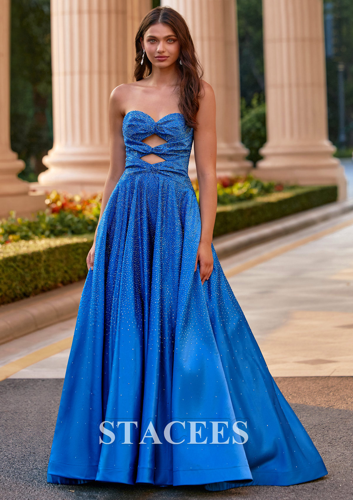 Ocean Blue A-line Strapless Cut-Out Ombre Hot Fix Prom Dress with Pockets - STACEES