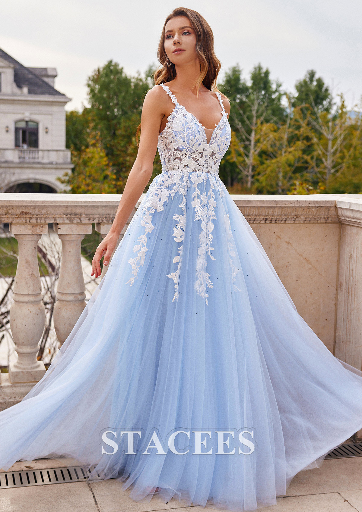 Sky Blue A-line V Neck Floor-Length Tulle Prom Dress with Beading Lace - STACEES