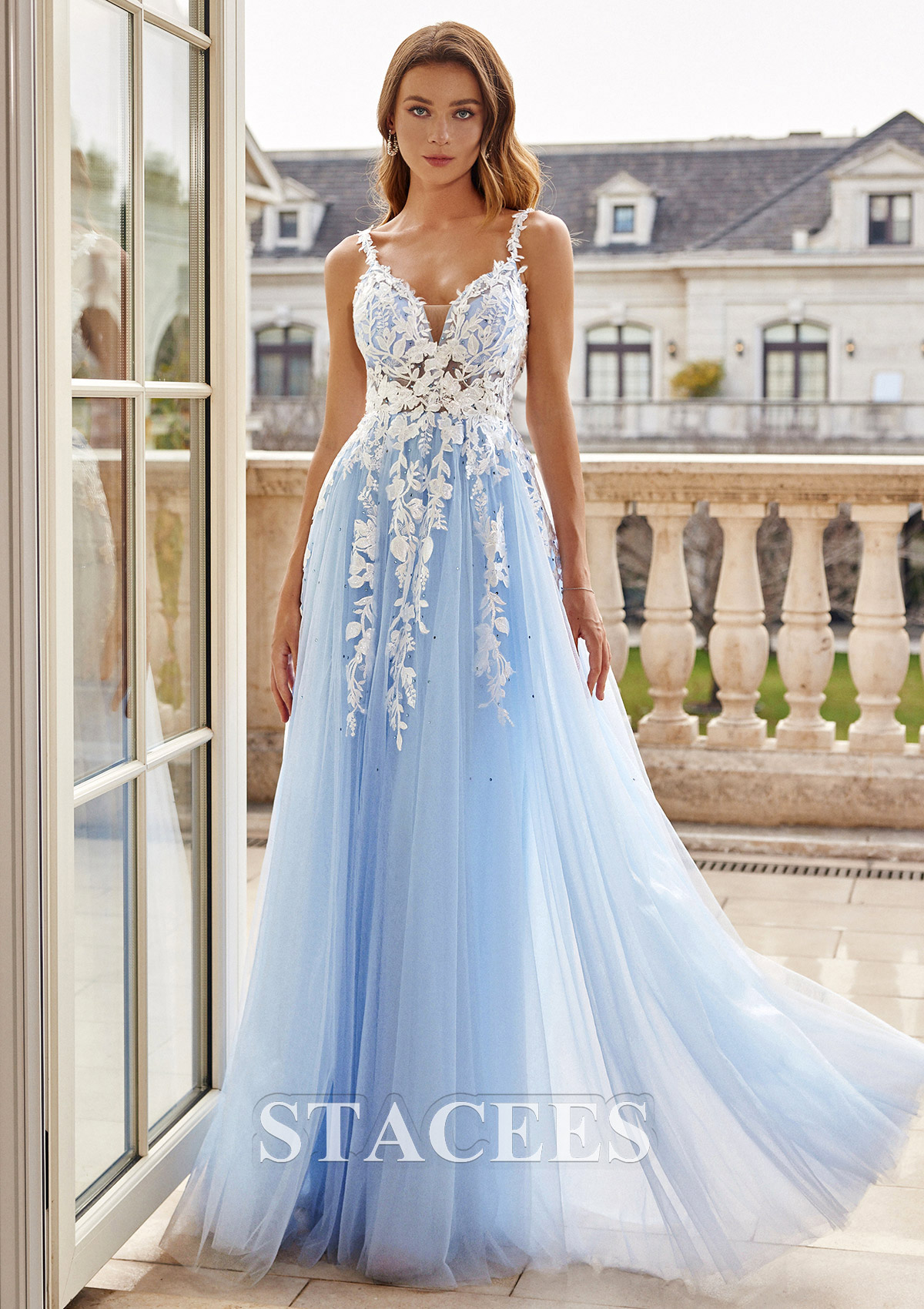 Sky Blue A-line V Neck Floor-Length Tulle Prom Dress with Beading Lace - STACEES