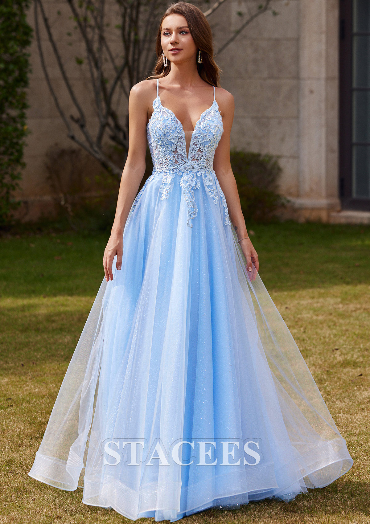 Sky Blue A-line V Neck Sleeveless Floor-Length Tulle Prom Dress with Appliqued Beading Glitter - STACEES