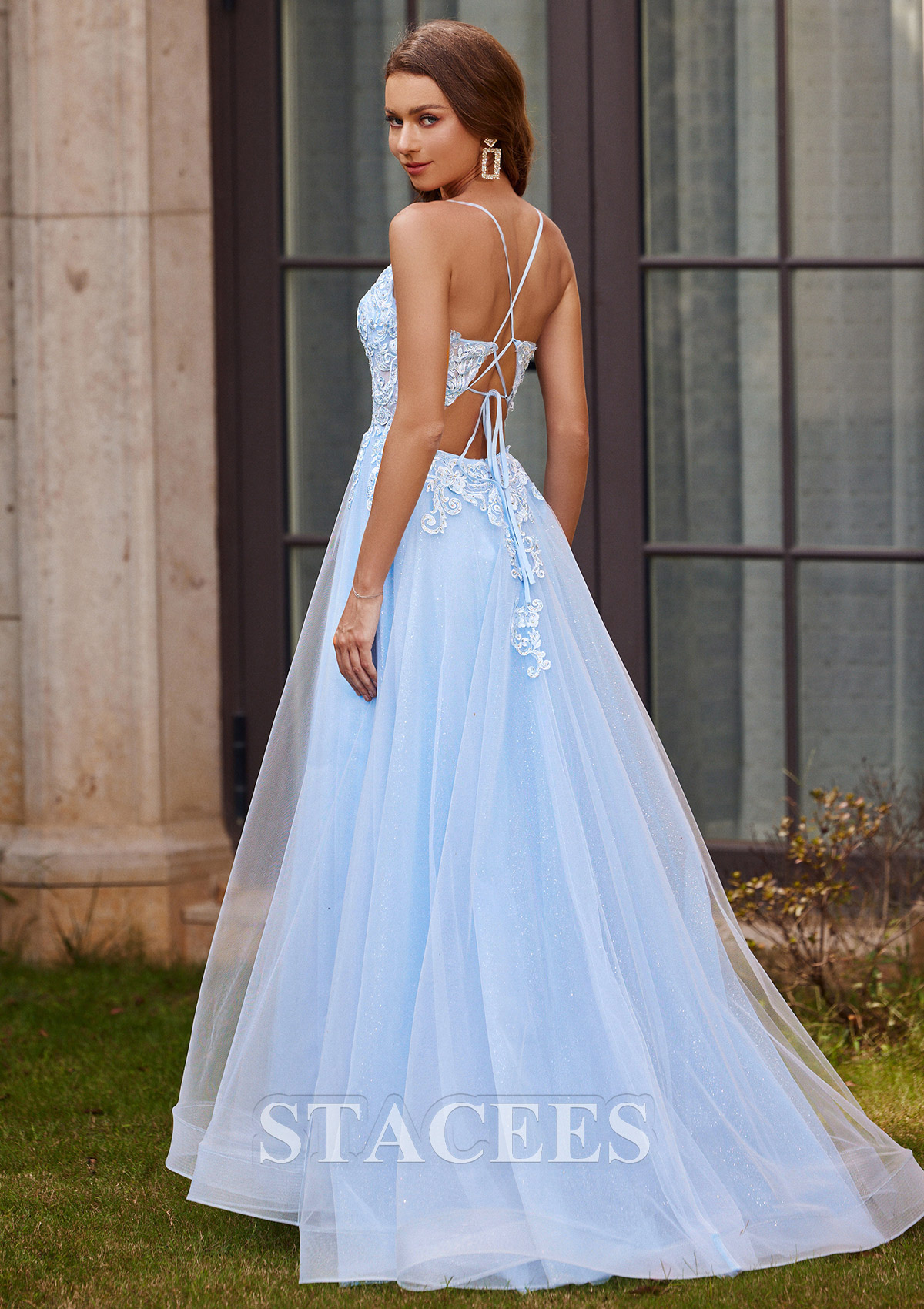 Sky Blue A-line V Neck Sleeveless Floor-Length Tulle Prom Dress with Appliqued Beading Glitter - STACEES