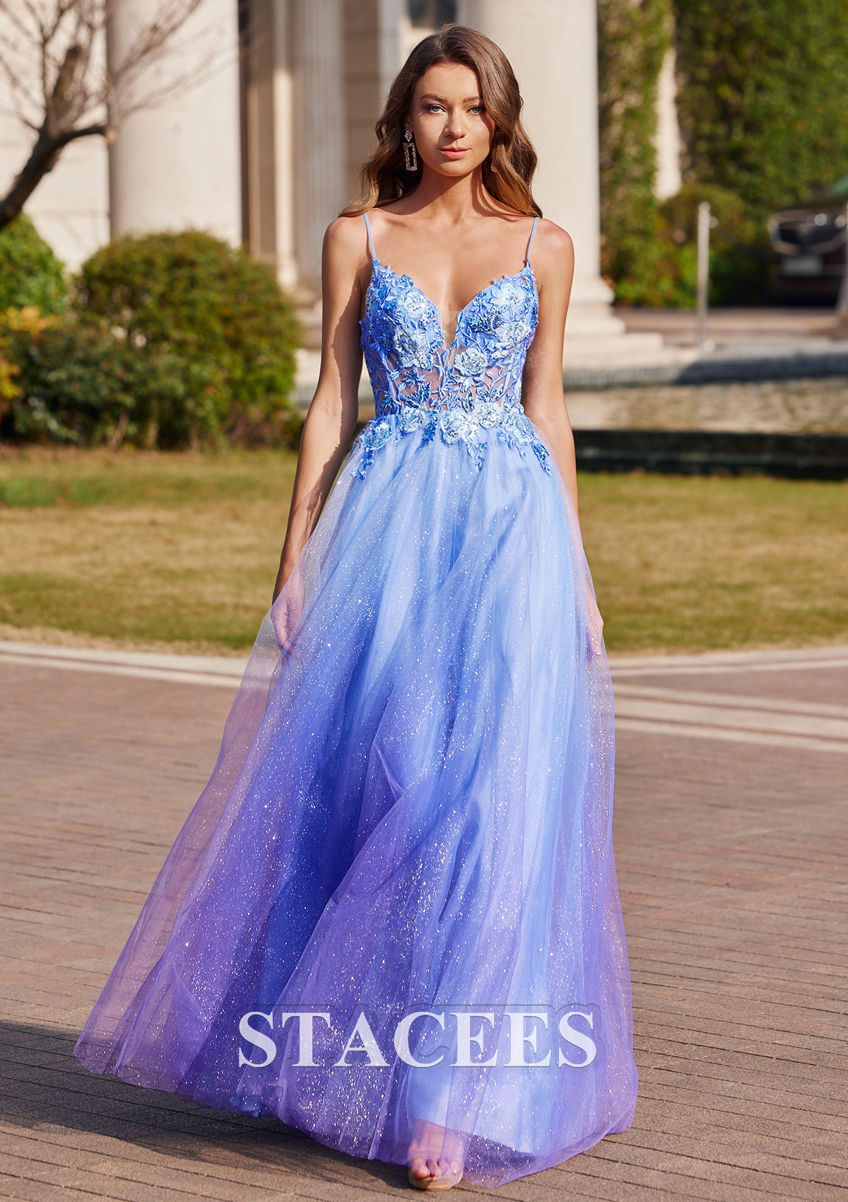 Blue A-line V Neck Sleeveless Floor-Length Tulle Prom Dress with Appliqued Beading Glitter - STACEES