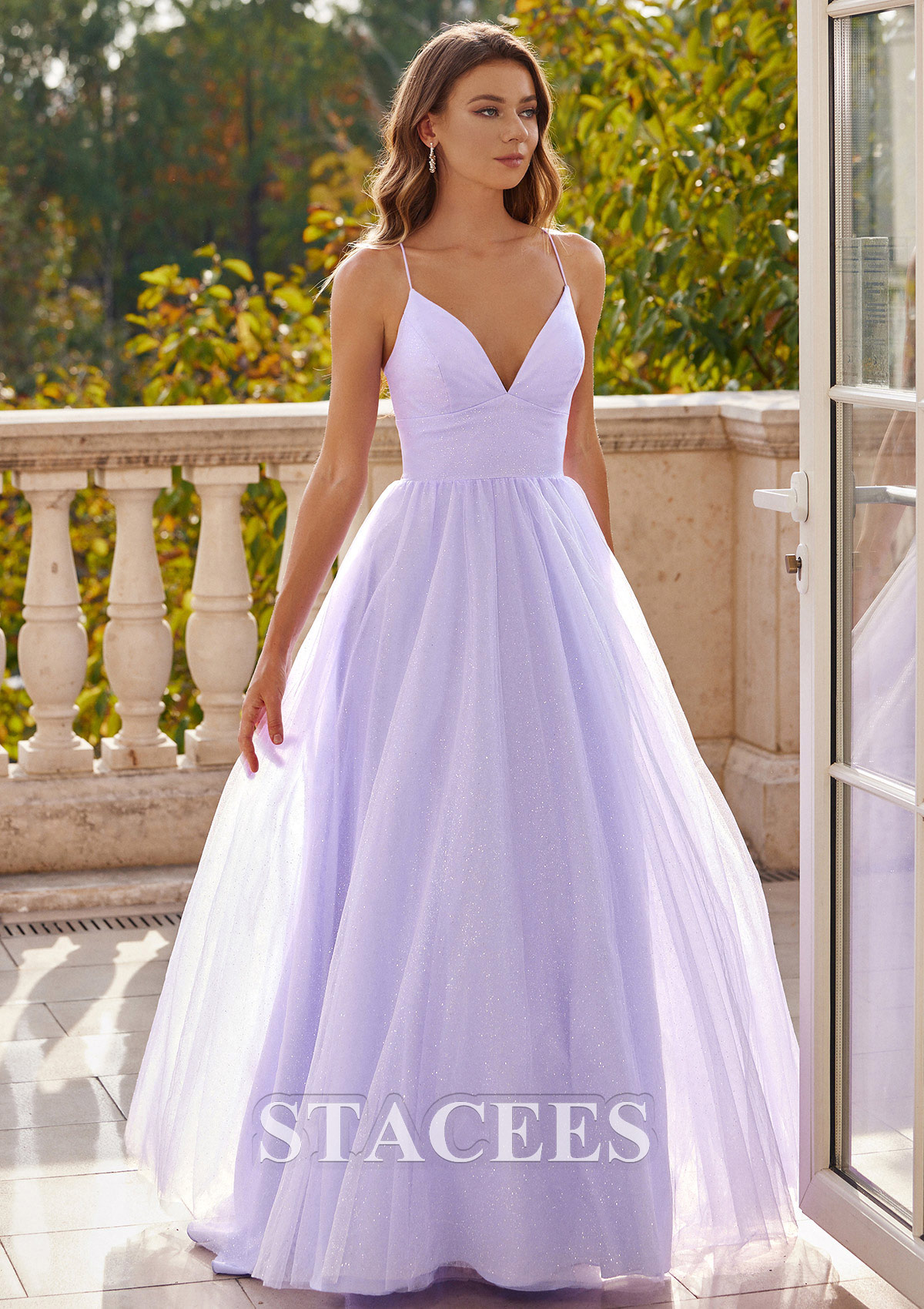 Lavender Vestido línea a escote en v tul barrer tren vestido de graduación - STACEES