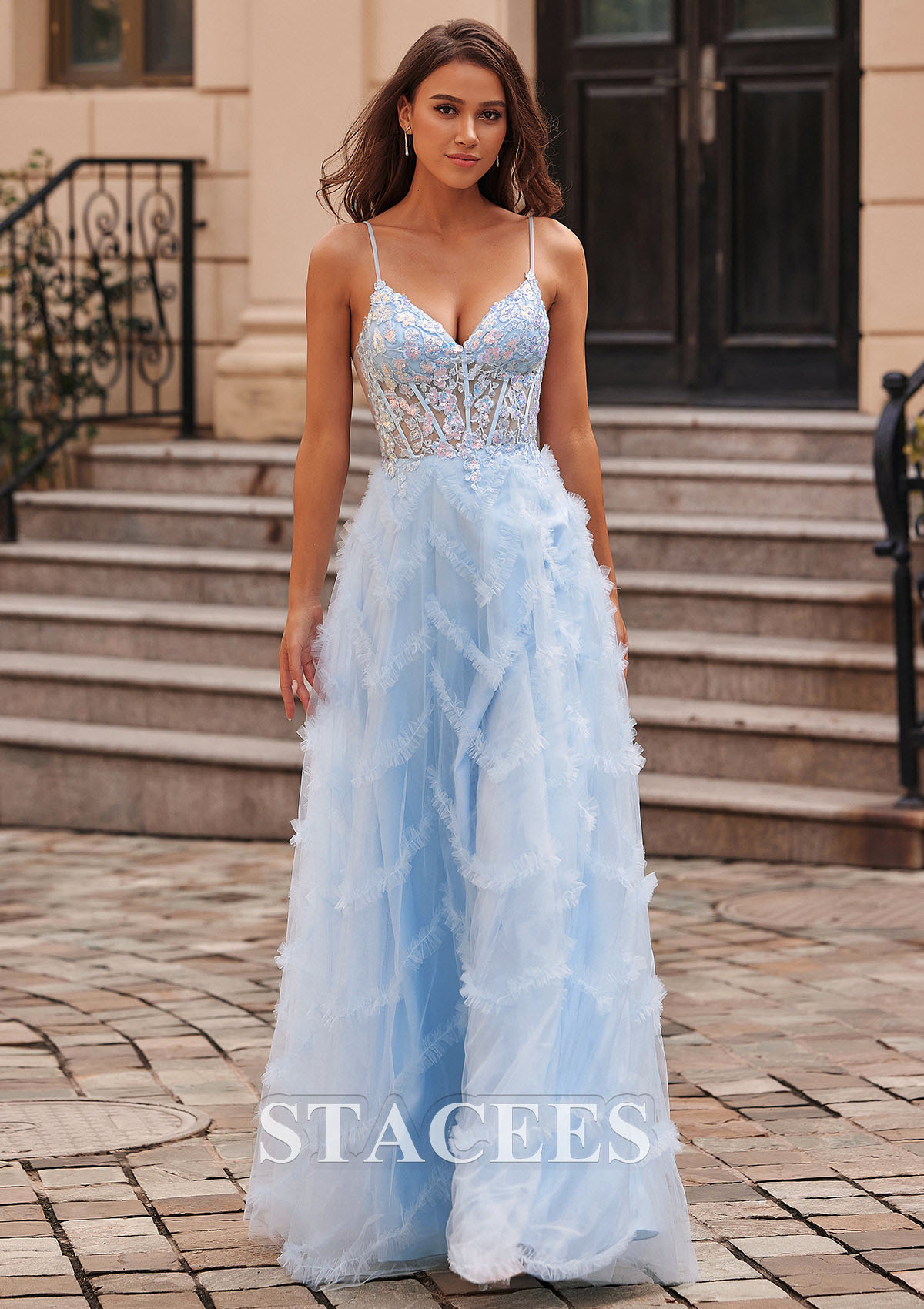 Sky Blue A-line V Neck Sequins Sheer Corset Bodice Ruffled Tulle Floor-Length Prom Dress - STACEES