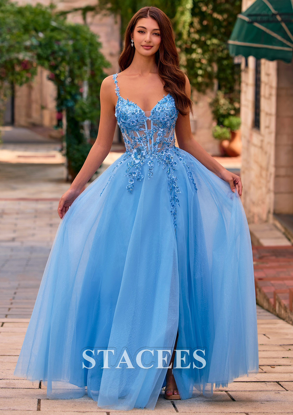 Bleu Océan Trapèze col en v tulle longueur ras du sol robe de bal avec appliqué perles - STACEES