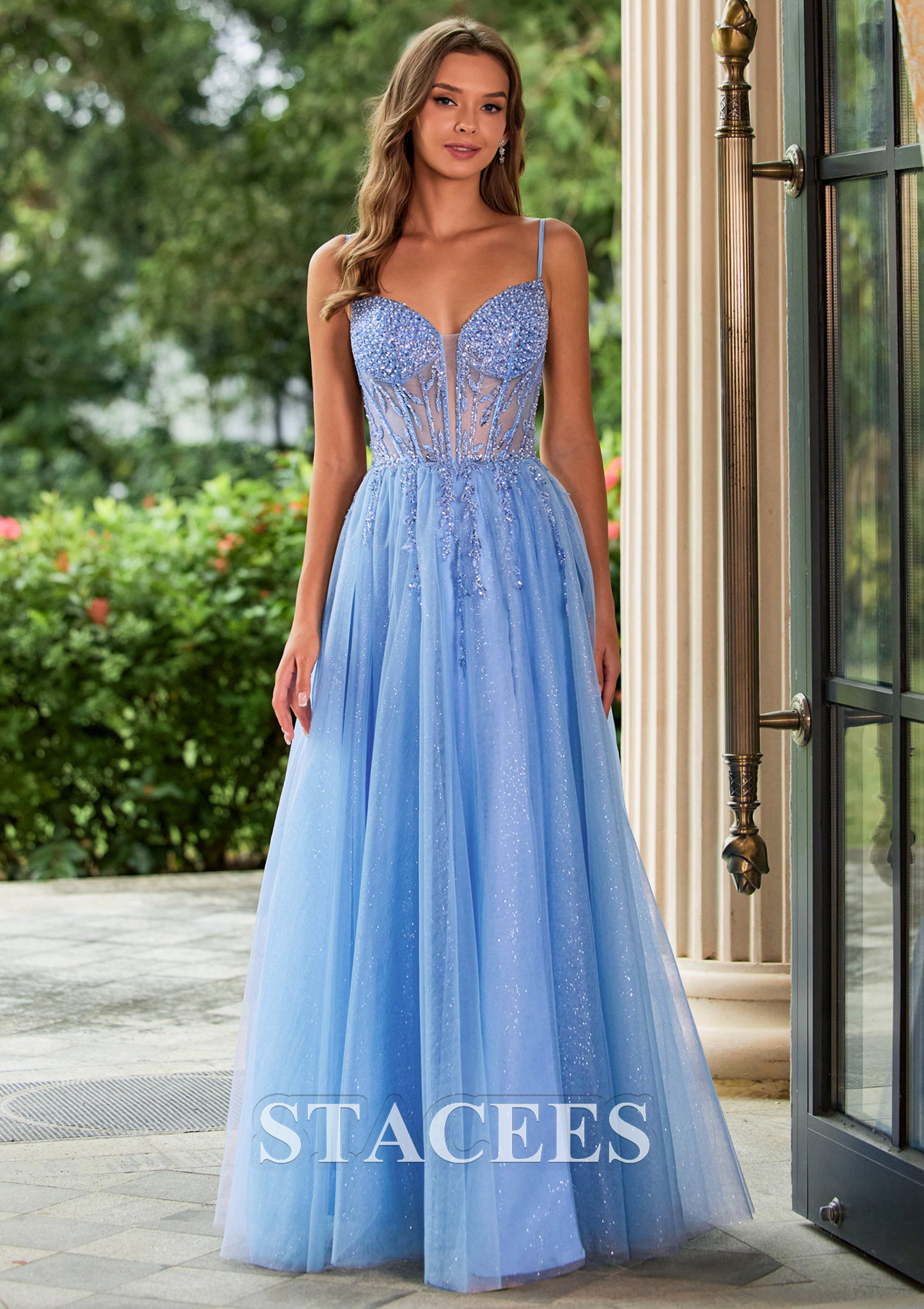 Sky Blue Sparkle A-line Prom Dress with Beaded Sheer Corset Bodice High Slit - STACEES