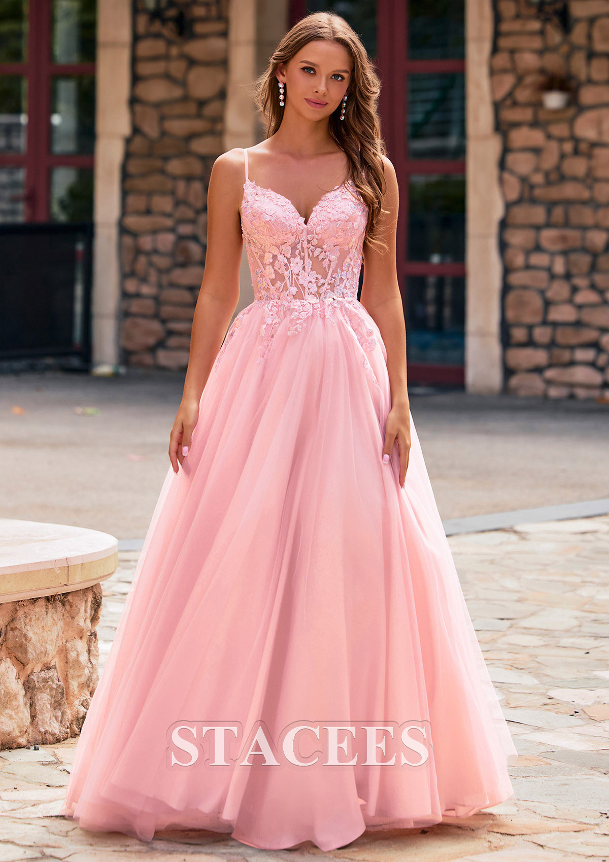 Blushing Pink A-line V Neck Floral Lace Applique Corset Tulle Sweep Train Prom Dress - STACEES