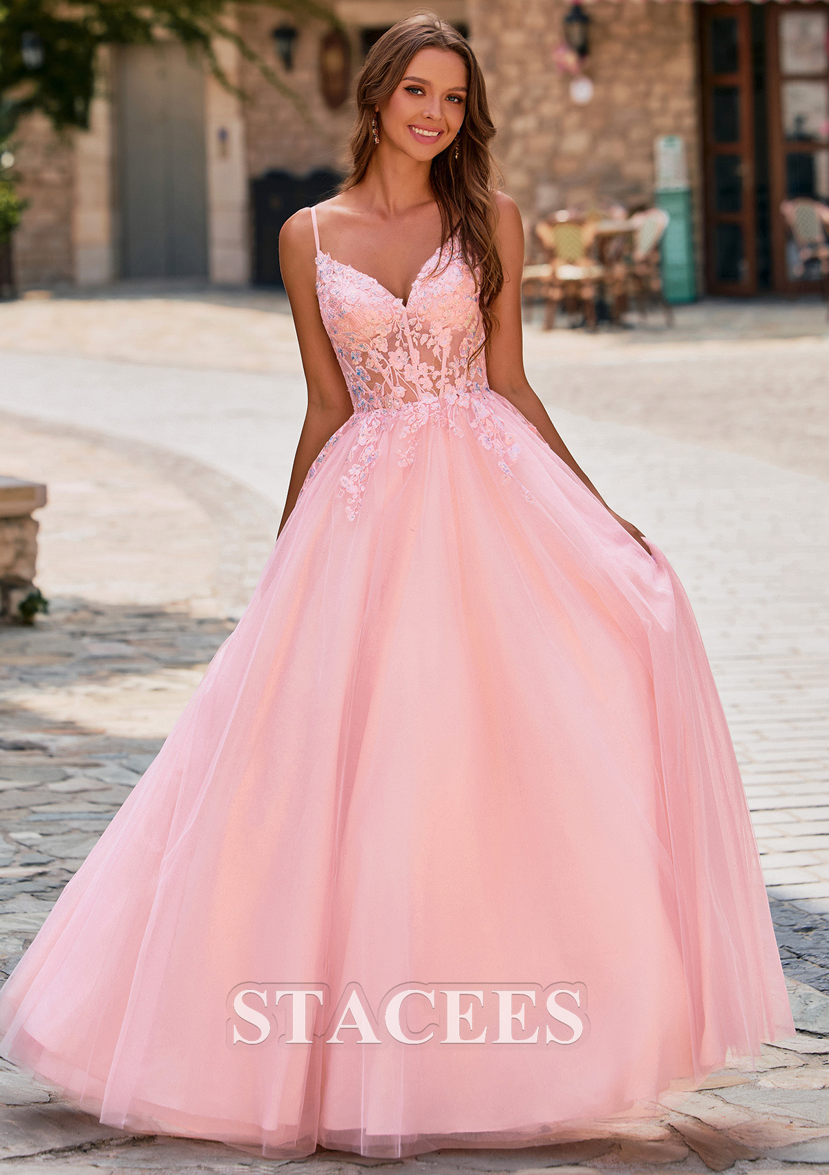 Blushing Pink A-line V Neck Floral Lace Applique Corset Tulle Sweep Train Prom Dress - STACEES