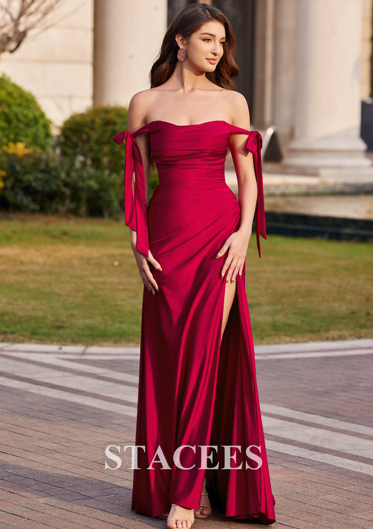 Burgundy Cubierta hombros descubiertos jersey barrer tren vestido de graduación - STACEES
