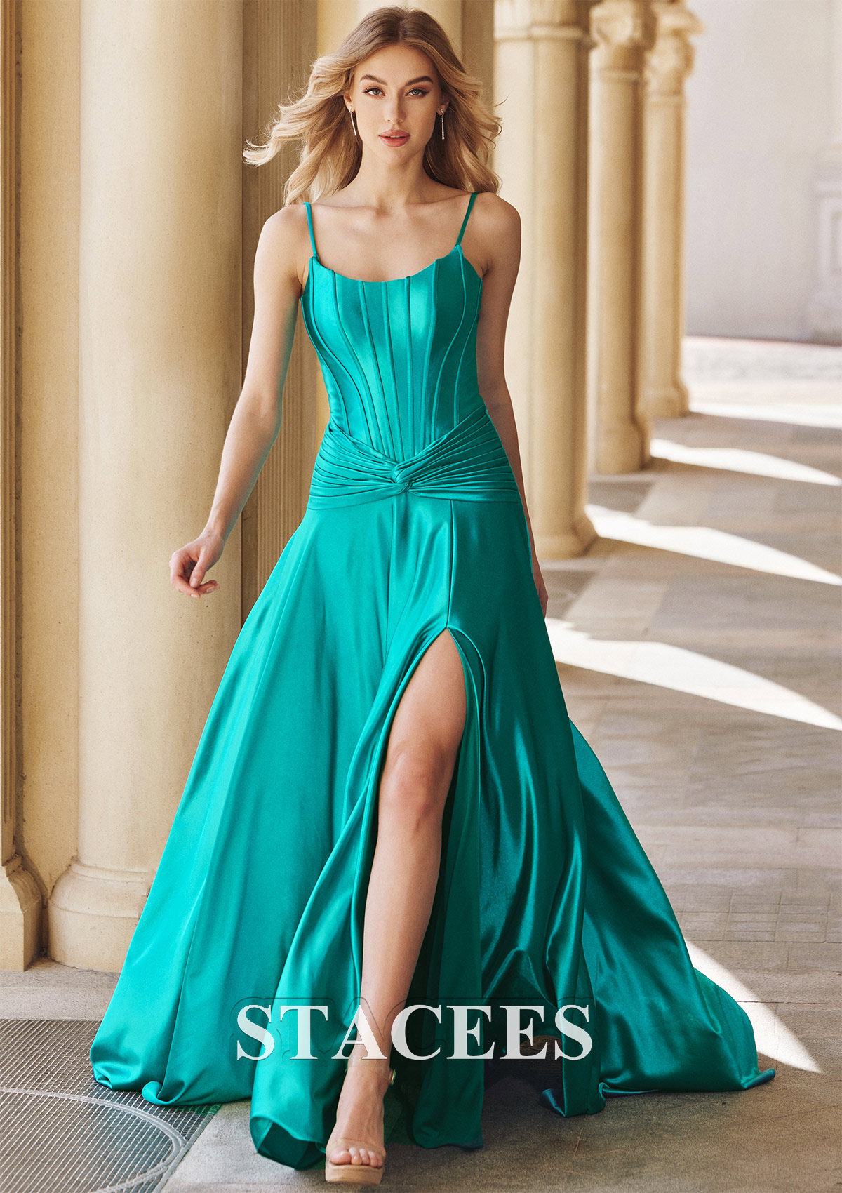 Teal Sheath/Column Square Neckline Sleeveless Sweep Train Silk like Satin Prom Dress with Pleated Split - STACEES