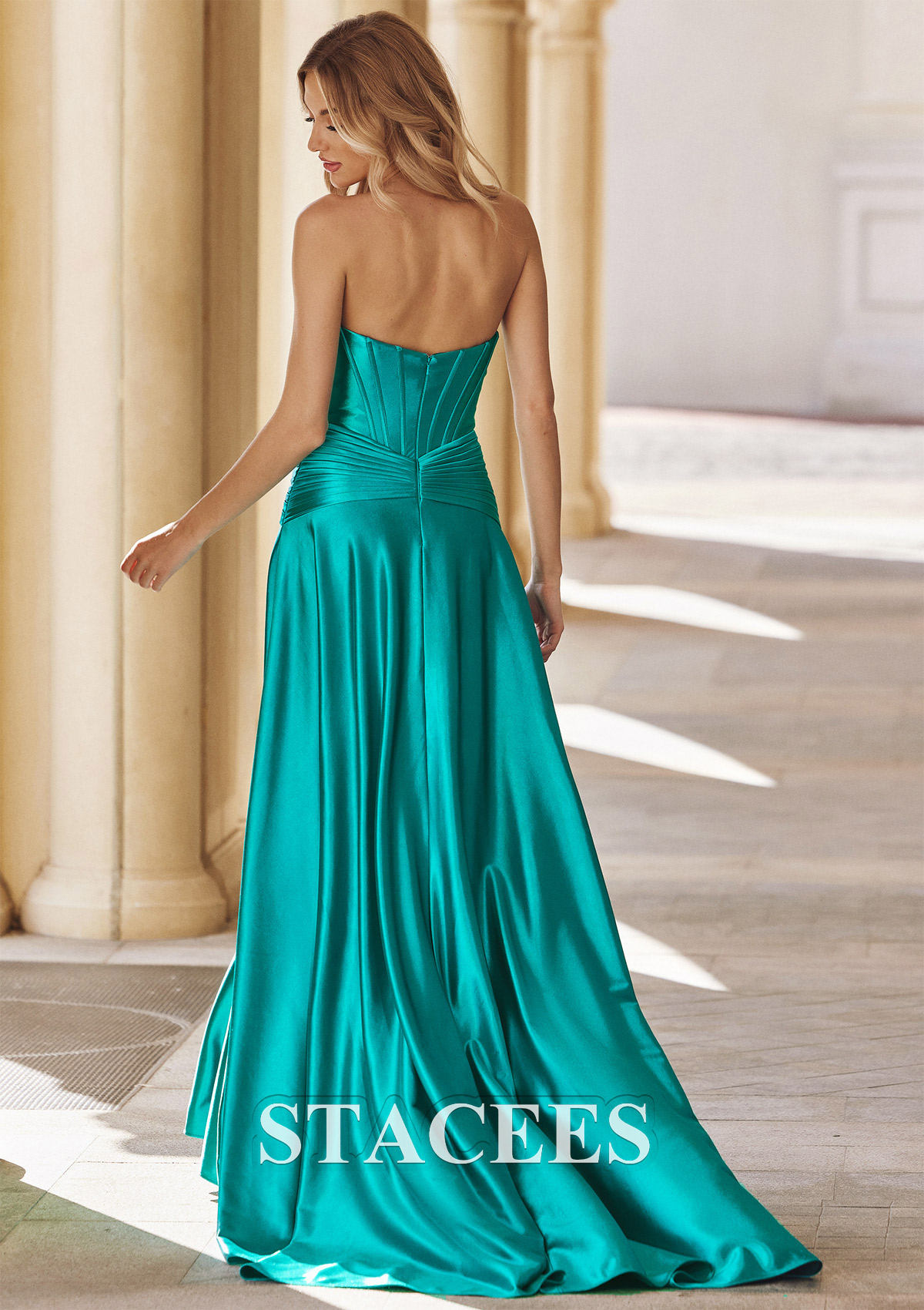 Teal Sheath/Column Square Neckline Sleeveless Sweep Train Silk like Satin Prom Dress with Pleated Split - STACEES