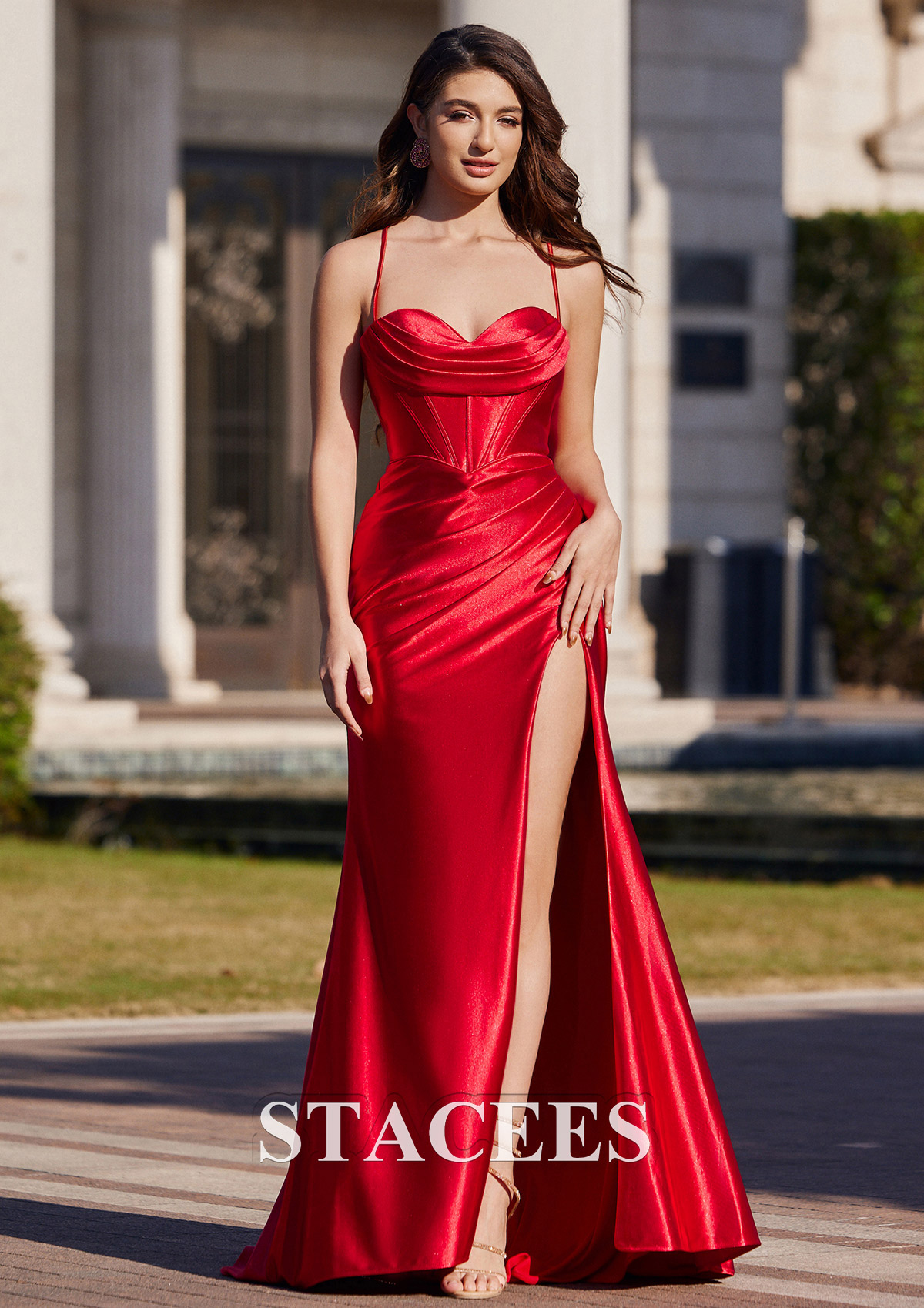 Red Sheath/Column Sweetheart Sweep Train Silk like Satin Prom Dress with Pleated Split - STACEES