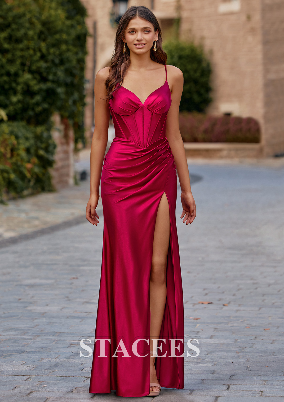red spaghetti strap formal dress Stacees 2026 Fitted Prom with V Neck Ruched Corset Slit price-change-job-active
