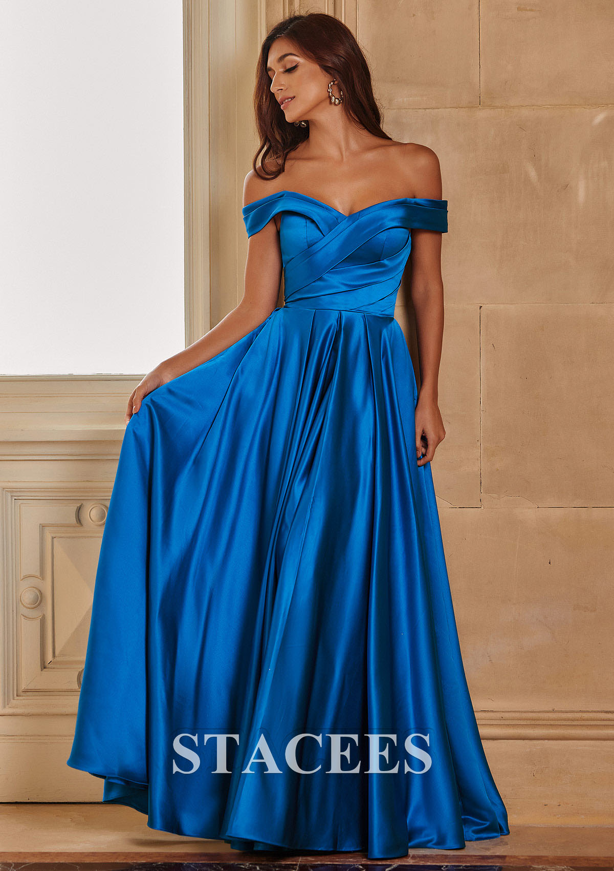 Ocean Blue A-line Off-the-Shoulder Satin Floor-Length Prom Dress with Pleated Pockets - STACEES
