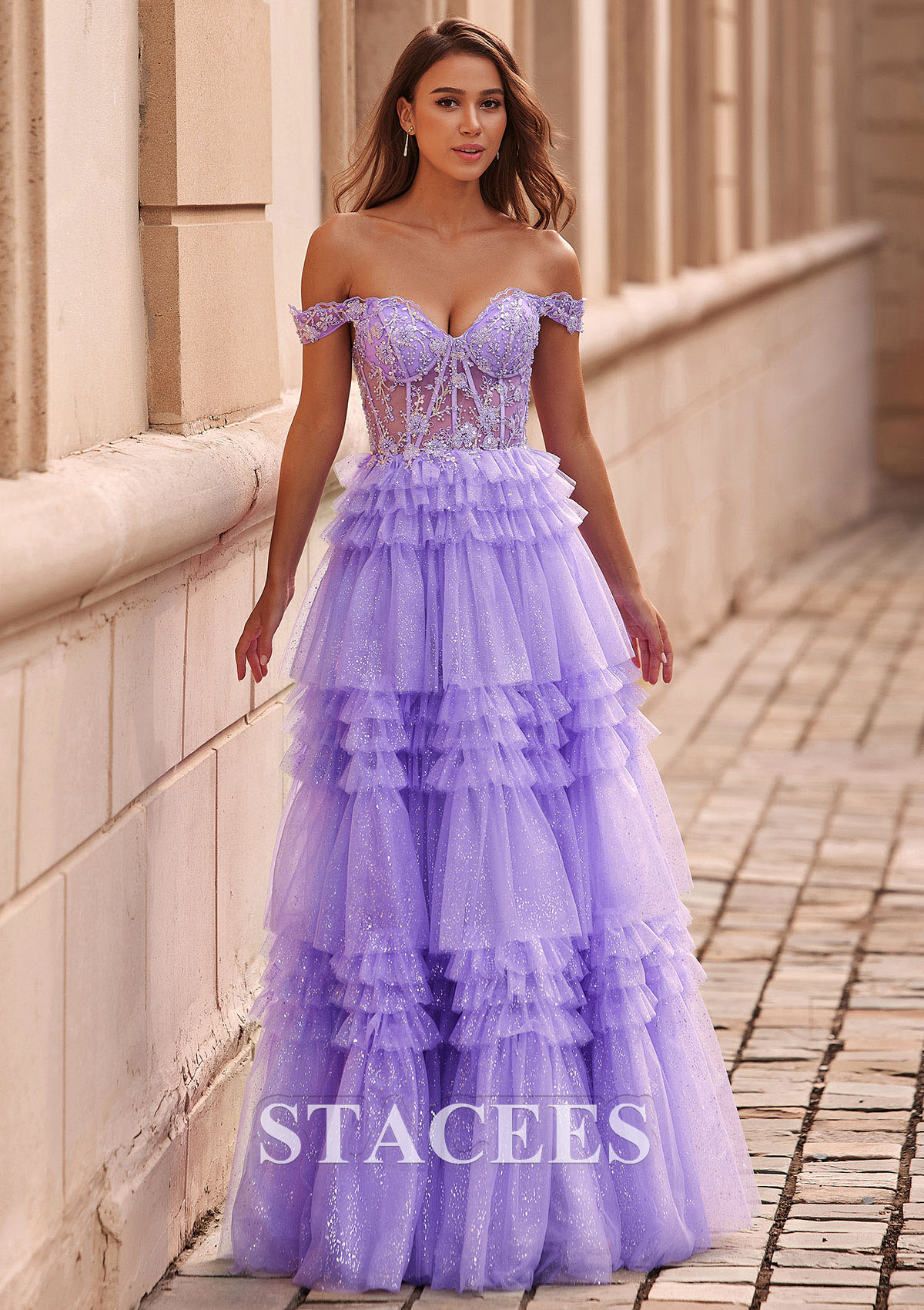 Lilac A-line Applique Off-the-Shoulder Corset Ruffle Tiered Glitter Tulle Prom Dress - STACEES