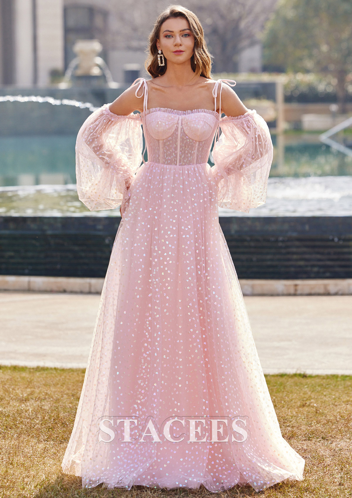 Blush A-line Square Neckline Full/Long Sleeve Floor-Length Tulle Prom Dress with Sequins - STACEES