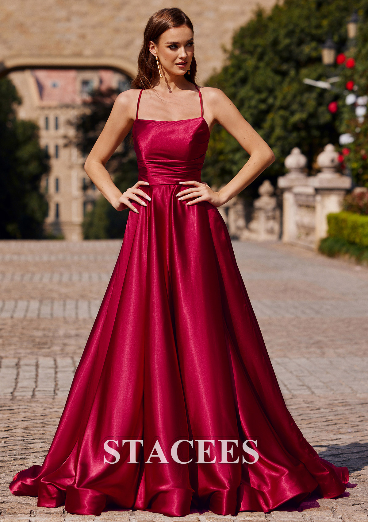 Burgundy Vestido línea a cuello cuadrado tela charmeuse barrer tren vestido de graduación - STACEES