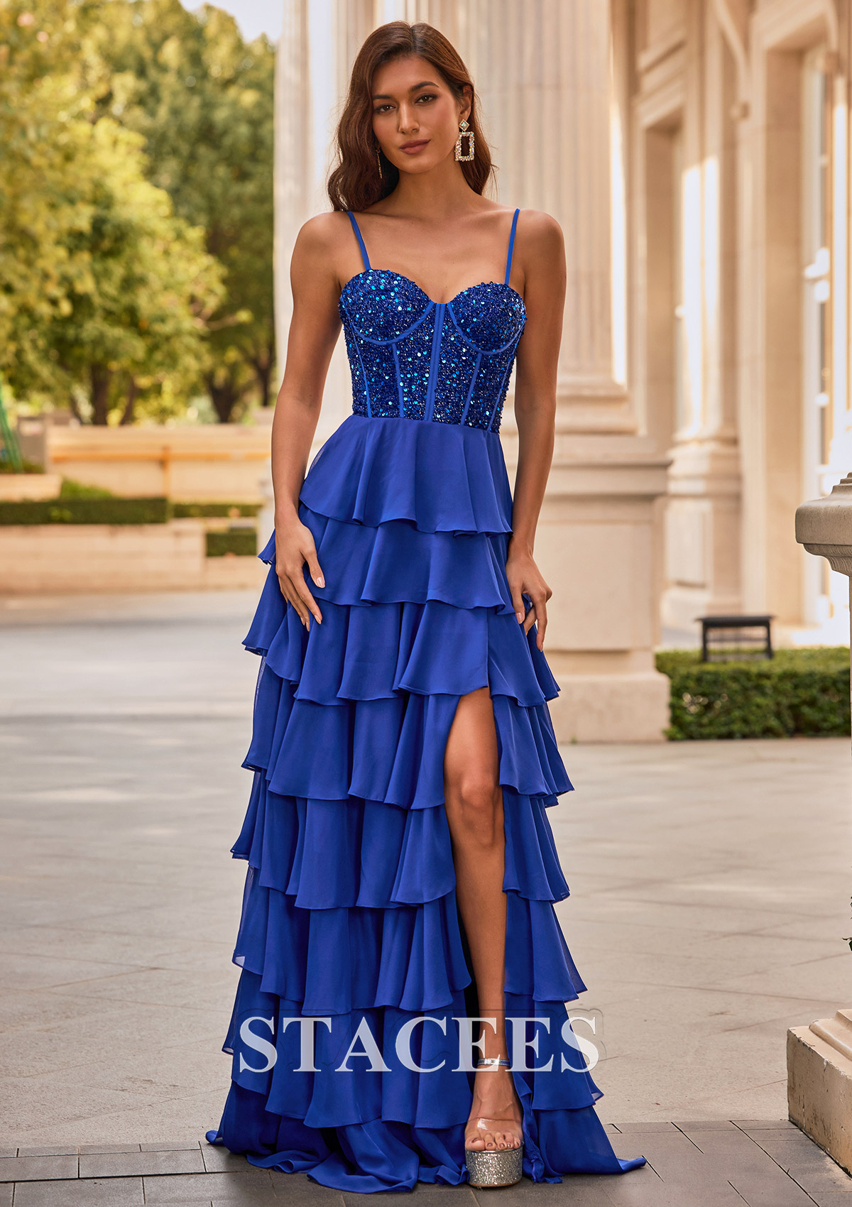 Royal Blue A-line Sweetheart Chiffon Sweep Train Prom Dress with Ruffles Sequins Split - STACEES